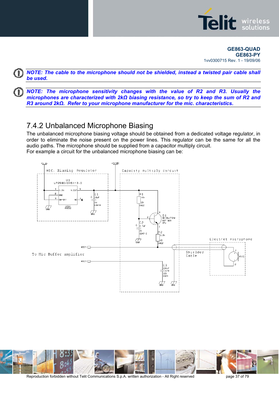 Unbalanced microphone biasing, 2 unbalanced microphone biasing | Telit Wireless Solutions GE863-QUAD User Manual | Page 37 / 79