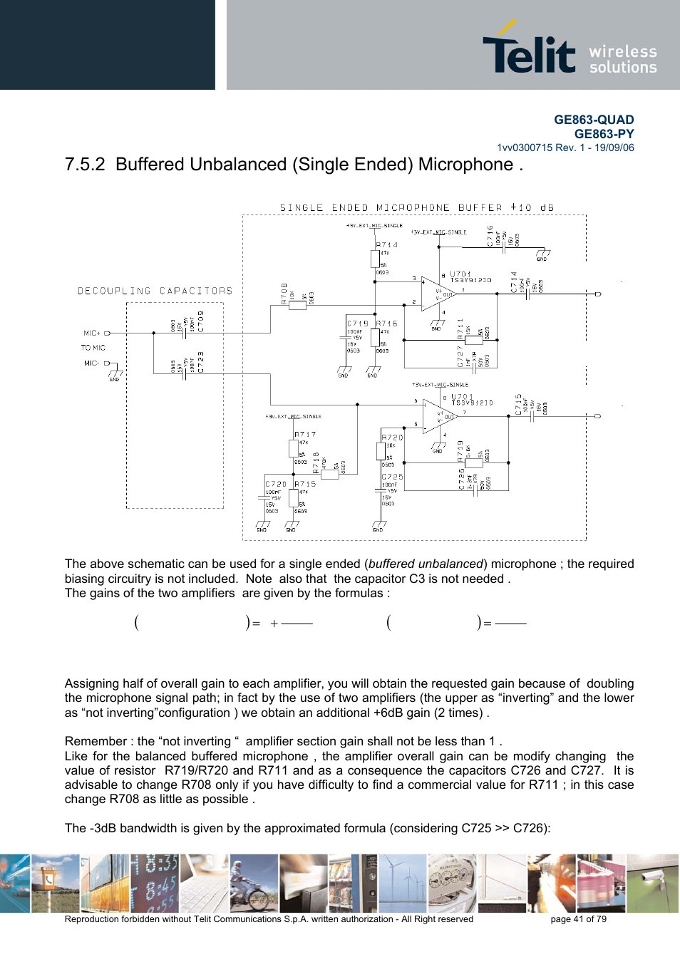 Buffered unbalanced (single ended) microphone, 2 buffered unbalanced (single ended) microphone | Telit Wireless Solutions GE863-QUAD User Manual | Page 41 / 79