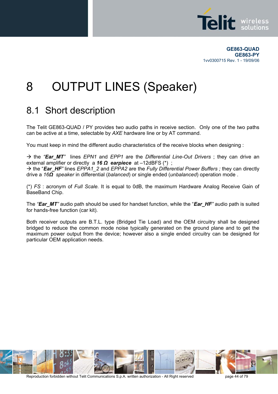 8 output lines (speaker), Short description, 1 short description | Telit Wireless Solutions GE863-QUAD User Manual | Page 44 / 79
