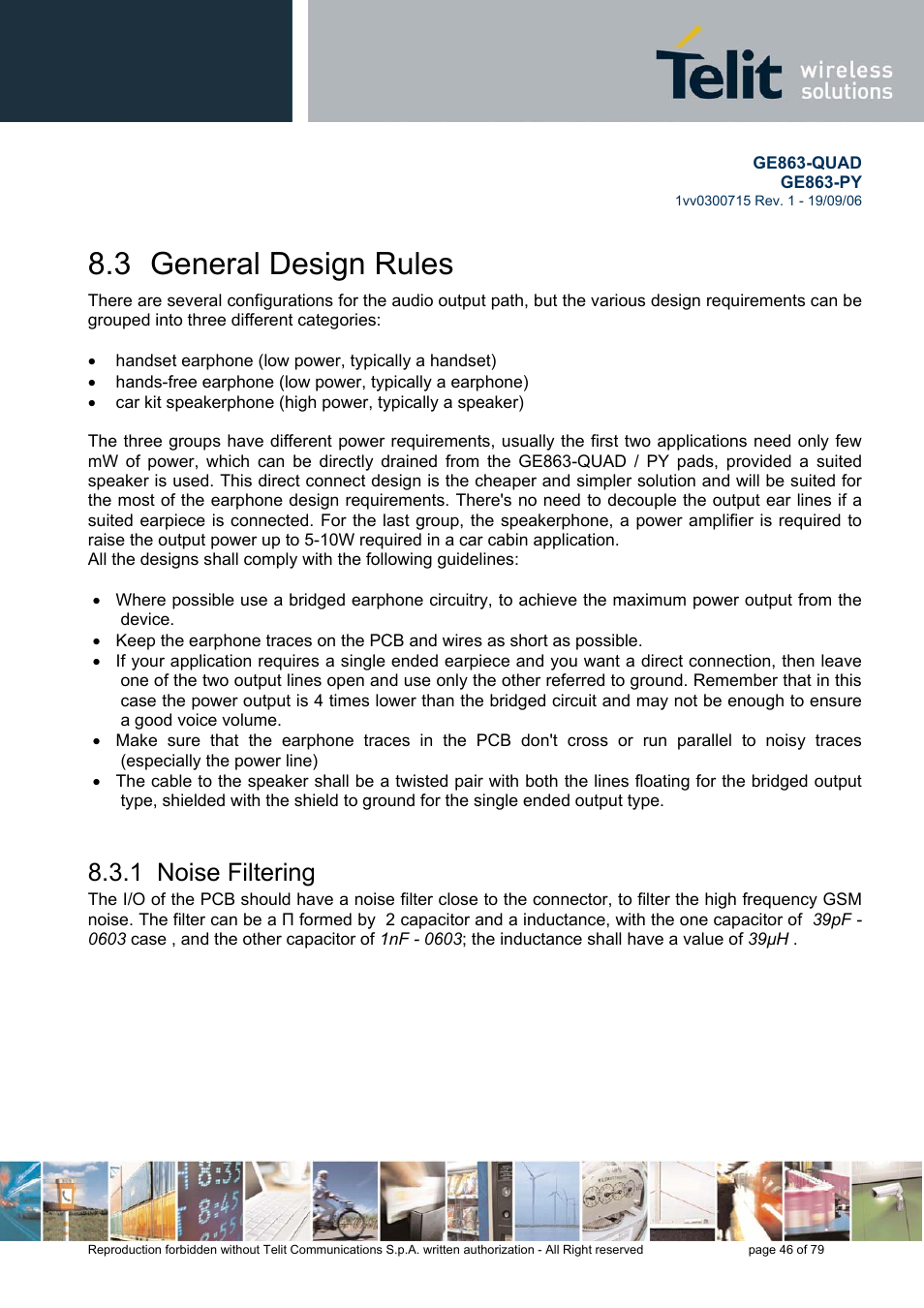 General design rules, Noise filtering, 3 general design rules | 1 noise filtering | Telit Wireless Solutions GE863-QUAD User Manual | Page 46 / 79