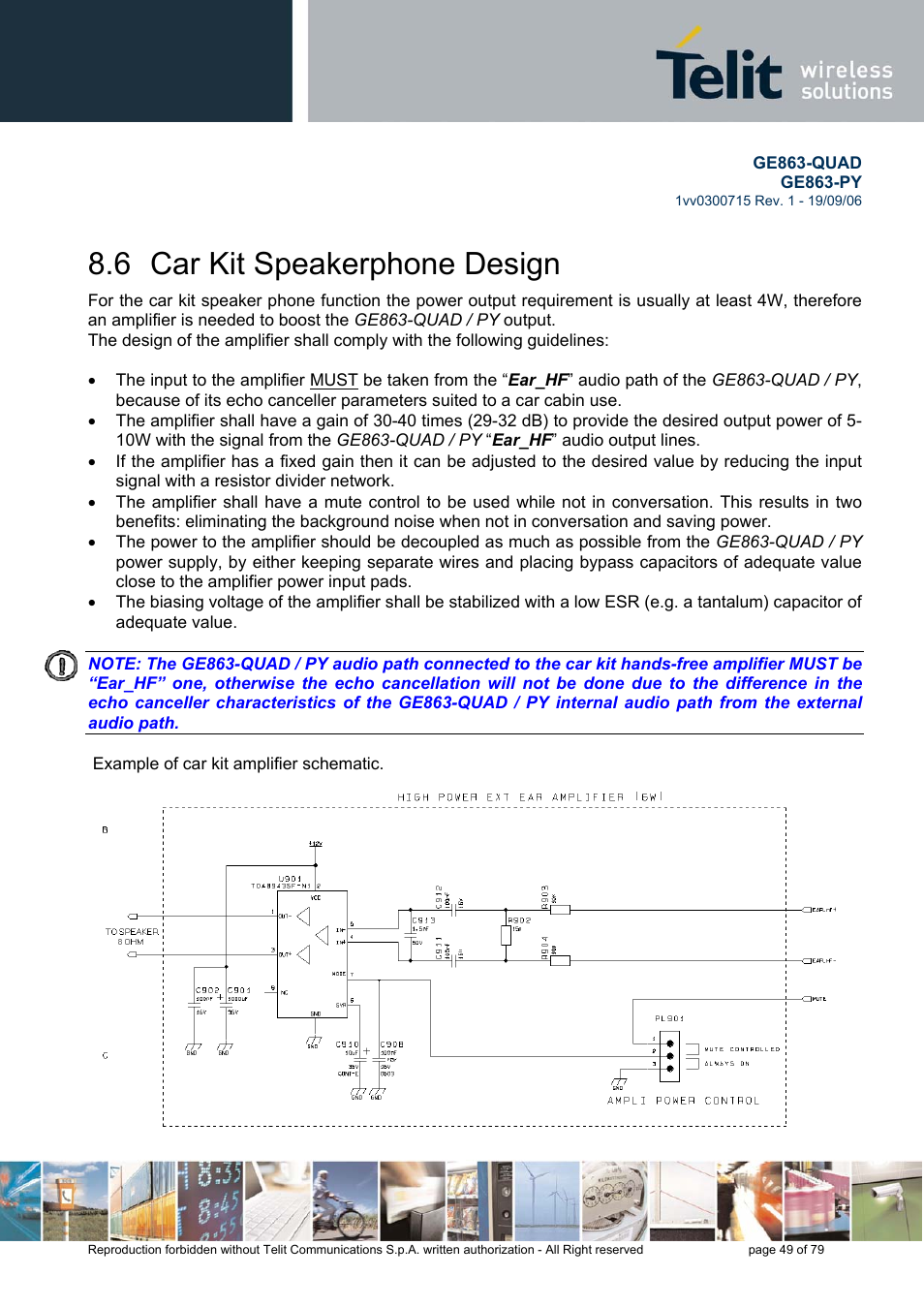 Car kit speakerphone design, 6 car kit speakerphone design | Telit Wireless Solutions GE863-QUAD User Manual | Page 49 / 79