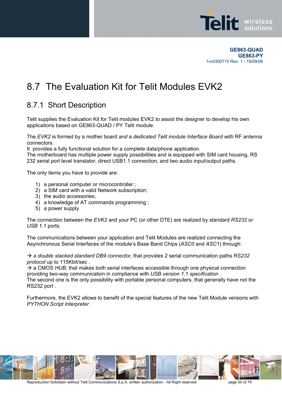 The evaluation kit for telit modules evk2, Short description, 7 the evaluation kit for telit modules evk2 | 1 short description | Telit Wireless Solutions GE863-QUAD User Manual | Page 50 / 79