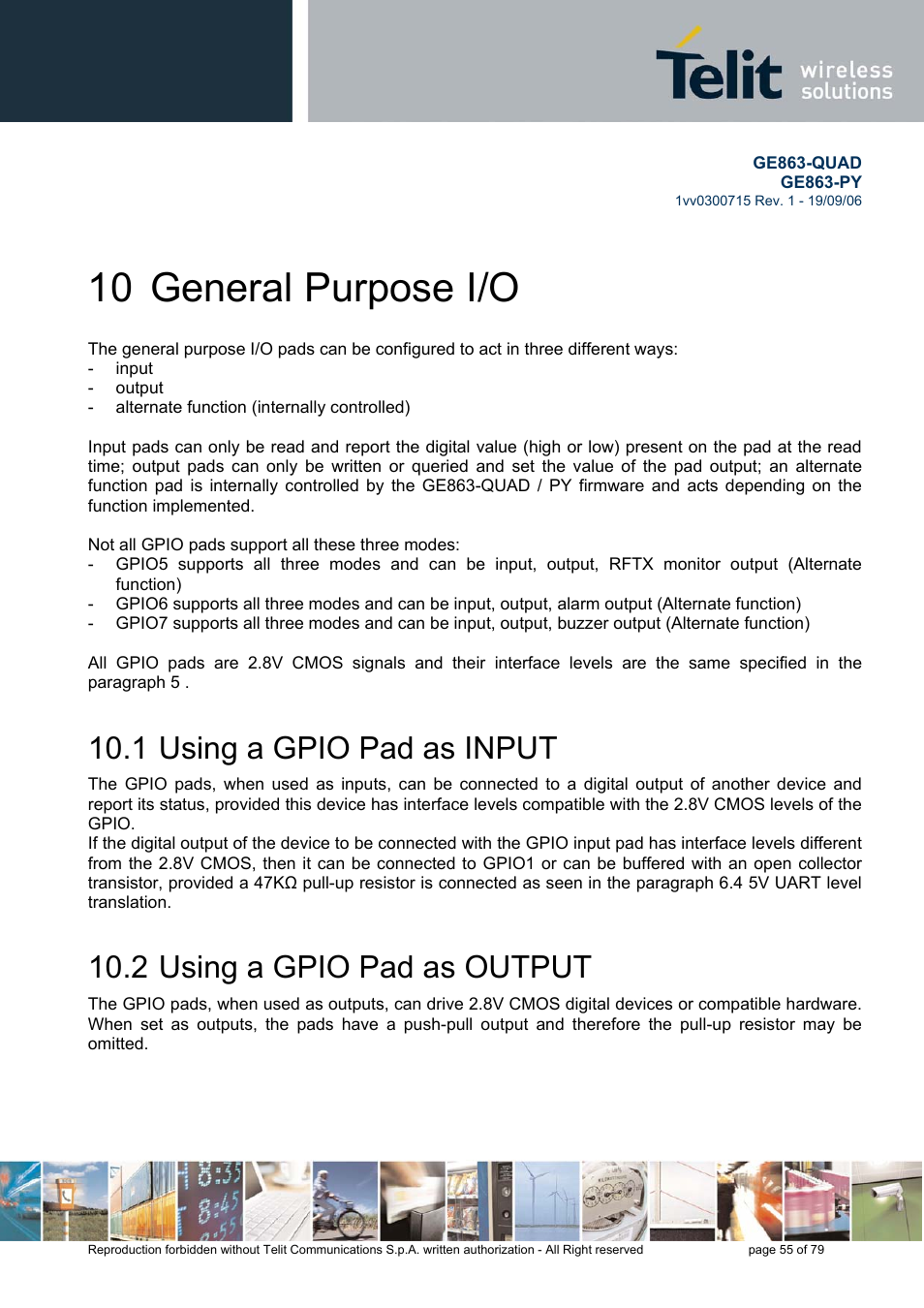 10 general purpose i/o, Using a gpio pad as input, Using a gpio pad as output | 1 using a gpio pad as input, 2 using a gpio pad as output | Telit Wireless Solutions GE863-QUAD User Manual | Page 55 / 79