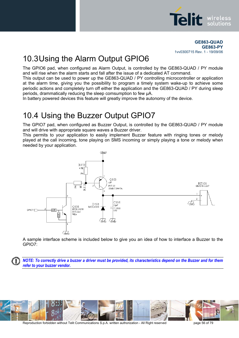 Using the alarm output gpio6, Using the buzzer output gpio7, 3 using the alarm output gpio6 | 4 using the buzzer output gpio7 | Telit Wireless Solutions GE863-QUAD User Manual | Page 56 / 79