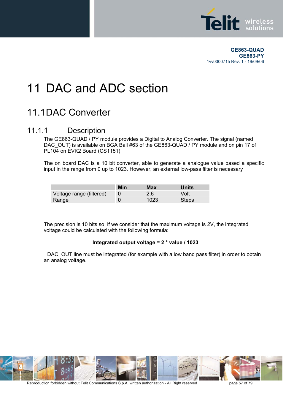 11 dac and adc section, Dac converter, Description | 1 dac converter, 1 description | Telit Wireless Solutions GE863-QUAD User Manual | Page 57 / 79