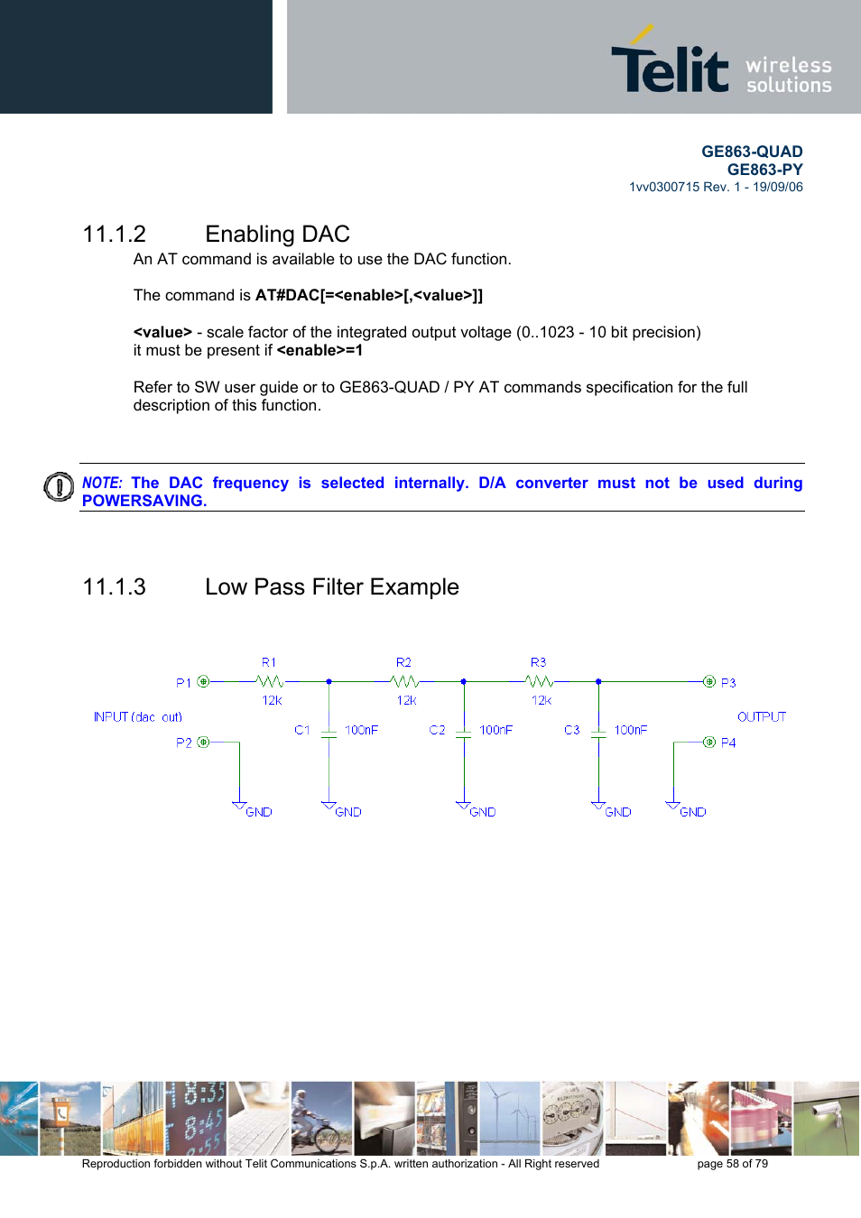 Enabling dac, Low pass filter example, 2 enabling dac | 3 low pass filter example | Telit Wireless Solutions GE863-QUAD User Manual | Page 58 / 79