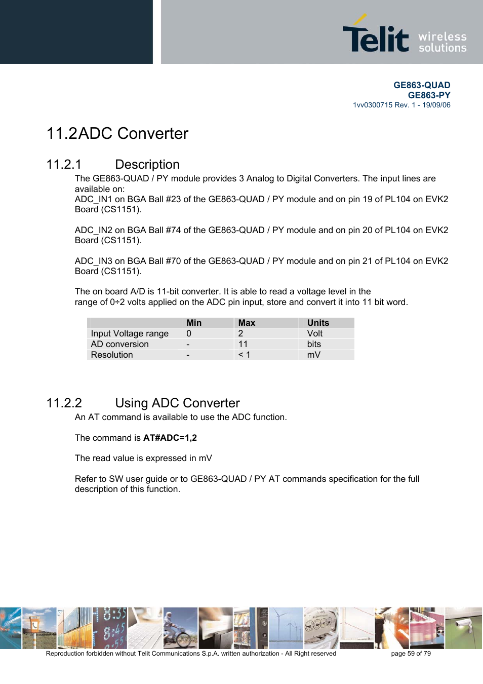 Adc converter, Description, Using adc converter | 2 adc converter, 1 description, 2 using adc converter | Telit Wireless Solutions GE863-QUAD User Manual | Page 59 / 79