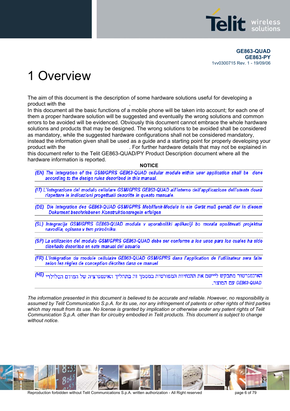 1 overview | Telit Wireless Solutions GE863-QUAD User Manual | Page 6 / 79