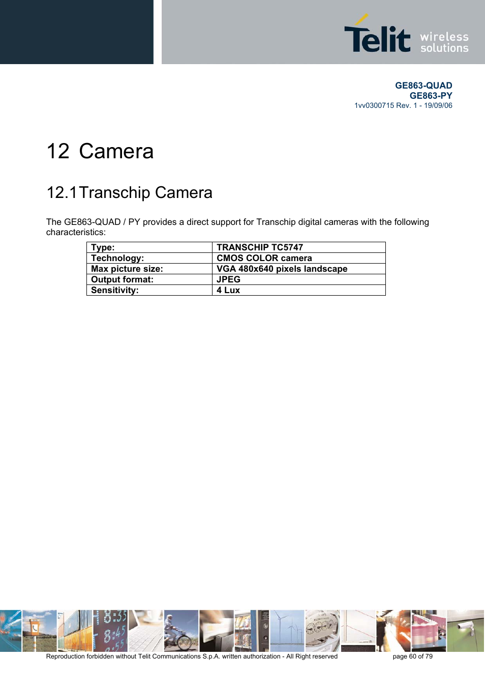 12 camera, Transchip camera, 1 transchip camera | Telit Wireless Solutions GE863-QUAD User Manual | Page 60 / 79