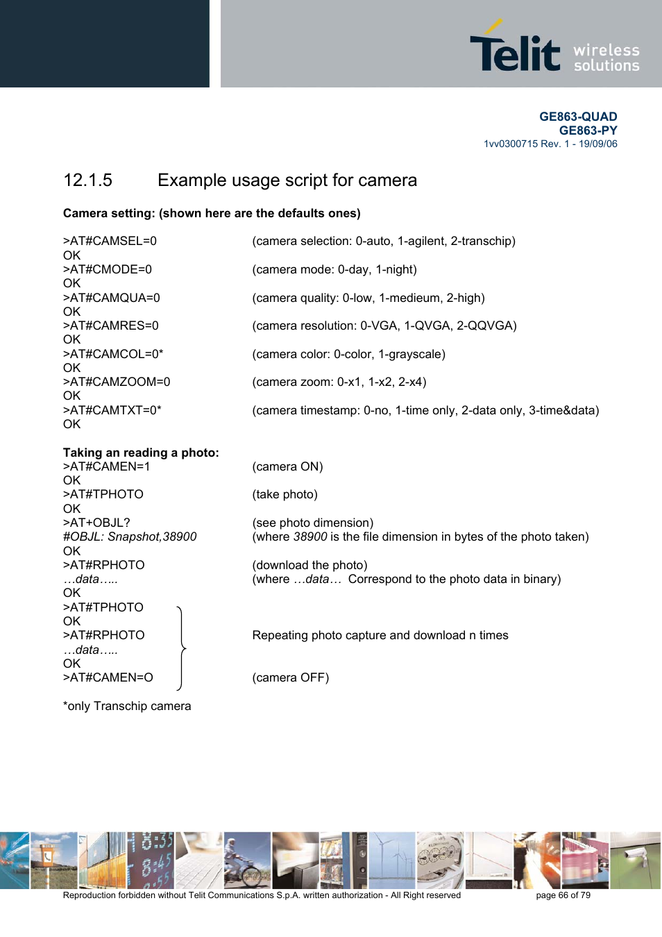 Example usage script for camera, 5 example usage script for camera | Telit Wireless Solutions GE863-QUAD User Manual | Page 66 / 79