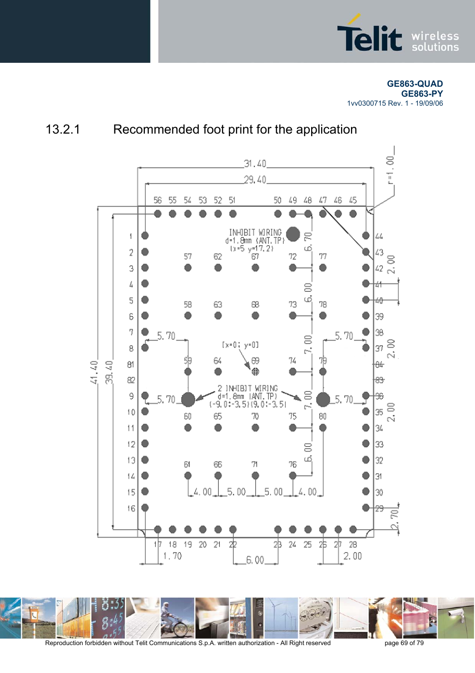 Recommended foot print for the application, 1 recommended foot print for the application | Telit Wireless Solutions GE863-QUAD User Manual | Page 69 / 79