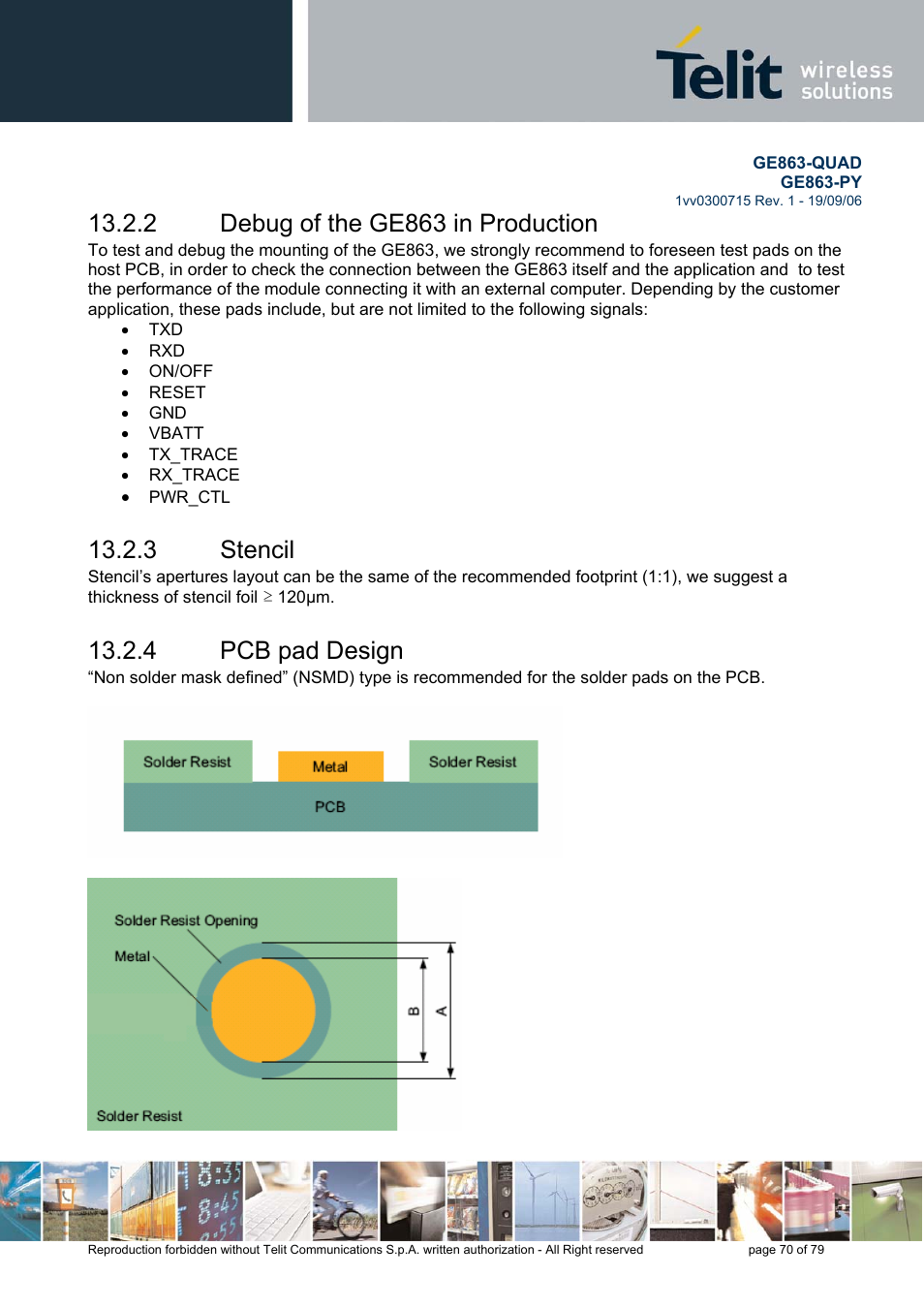 Debug of the ge863 in production, Stencil, Pcb pad design | 2 debug of the ge863 in production, 3 stencil, 4 pcb pad design | Telit Wireless Solutions GE863-QUAD User Manual | Page 70 / 79