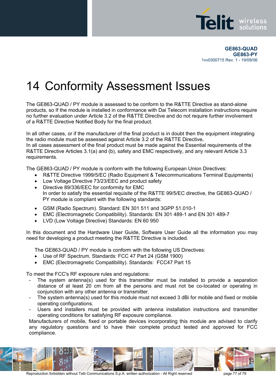 14 conformity assessment issues | Telit Wireless Solutions GE863-QUAD User Manual | Page 77 / 79