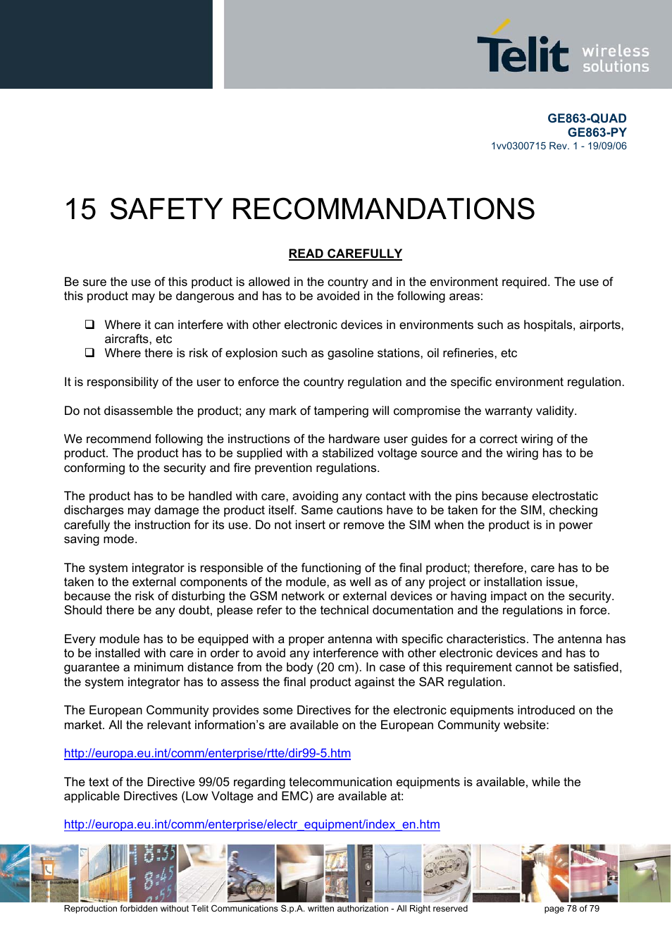 15 safety recommandations | Telit Wireless Solutions GE863-QUAD User Manual | Page 78 / 79