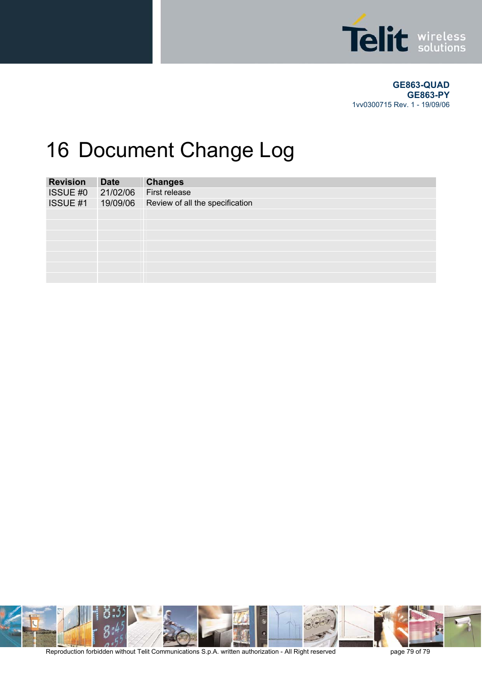 16 document change log | Telit Wireless Solutions GE863-QUAD User Manual | Page 79 / 79