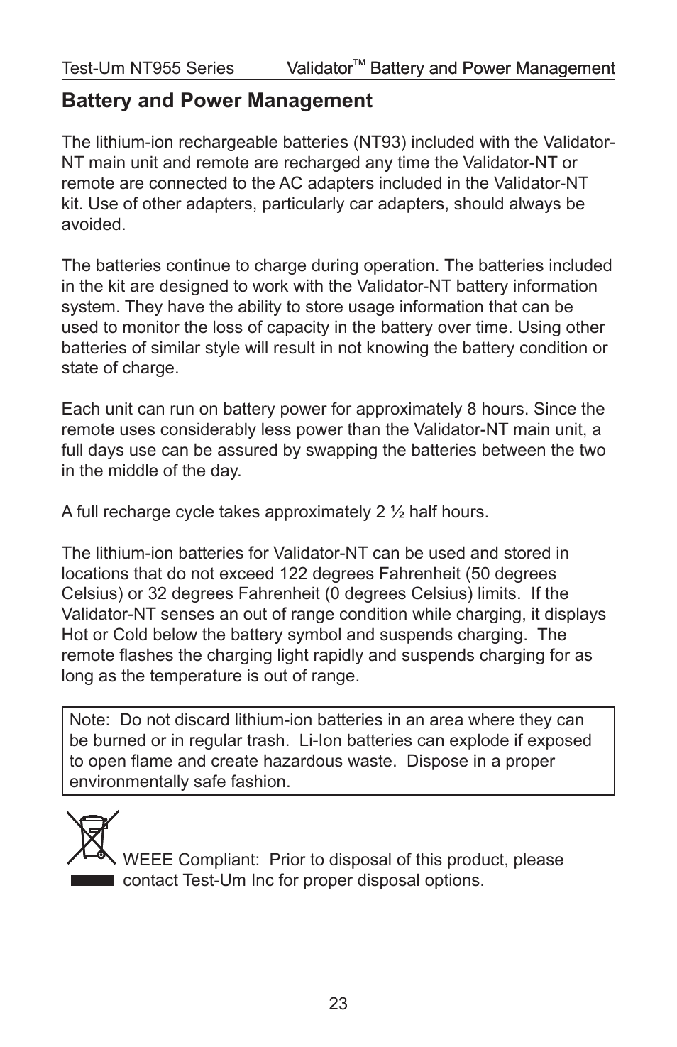 Battery and power management | Test-Um VALIDATOR-NT NT955 User Manual | Page 24 / 97
