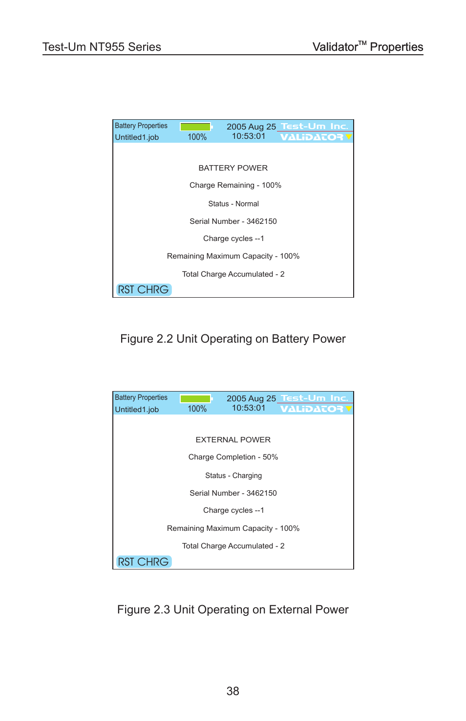 Figure 2.2 unit operating on battery power, Properties validator, Properties | Rst chrg | Test-Um VALIDATOR-NT NT955 User Manual | Page 39 / 97
