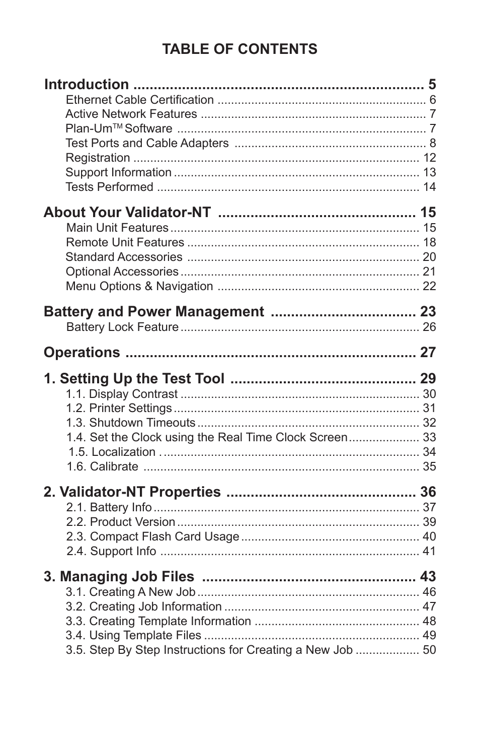Table of contents introduction, About your validator-nt, Battery and power management | Operations 1. setting up the test tool, Validator-nt properties, Managing job files | Test-Um VALIDATOR-NT NT955 User Manual | Page 4 / 97
