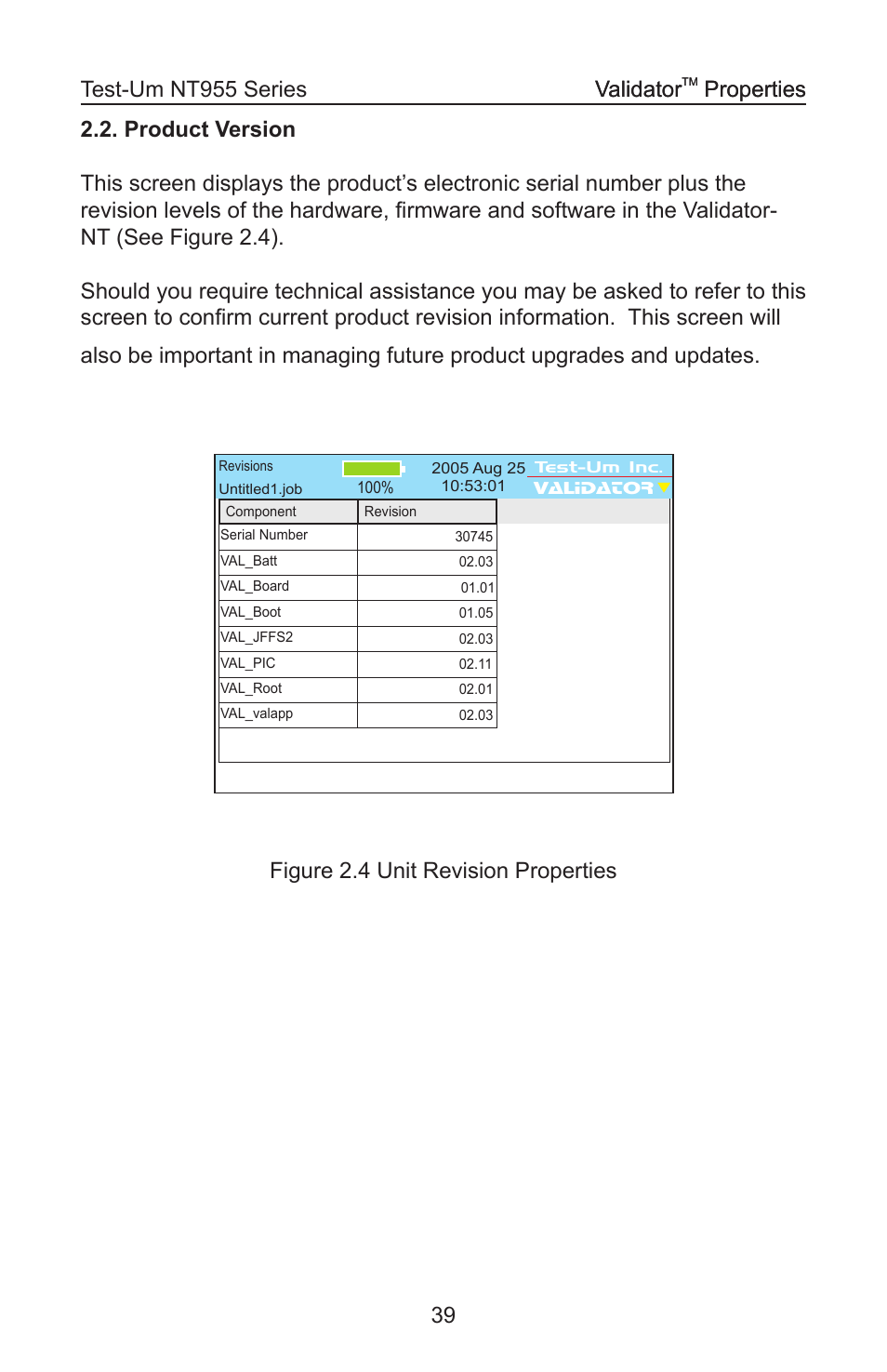 Figure 2.4 unit revision properties validator, Properties validator, Properties | Test-Um VALIDATOR-NT NT955 User Manual | Page 40 / 97