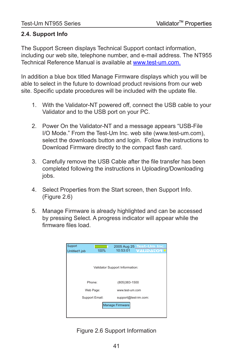 Figure 2.6 support information validator, Properties validator, Properties | Test-Um VALIDATOR-NT NT955 User Manual | Page 42 / 97