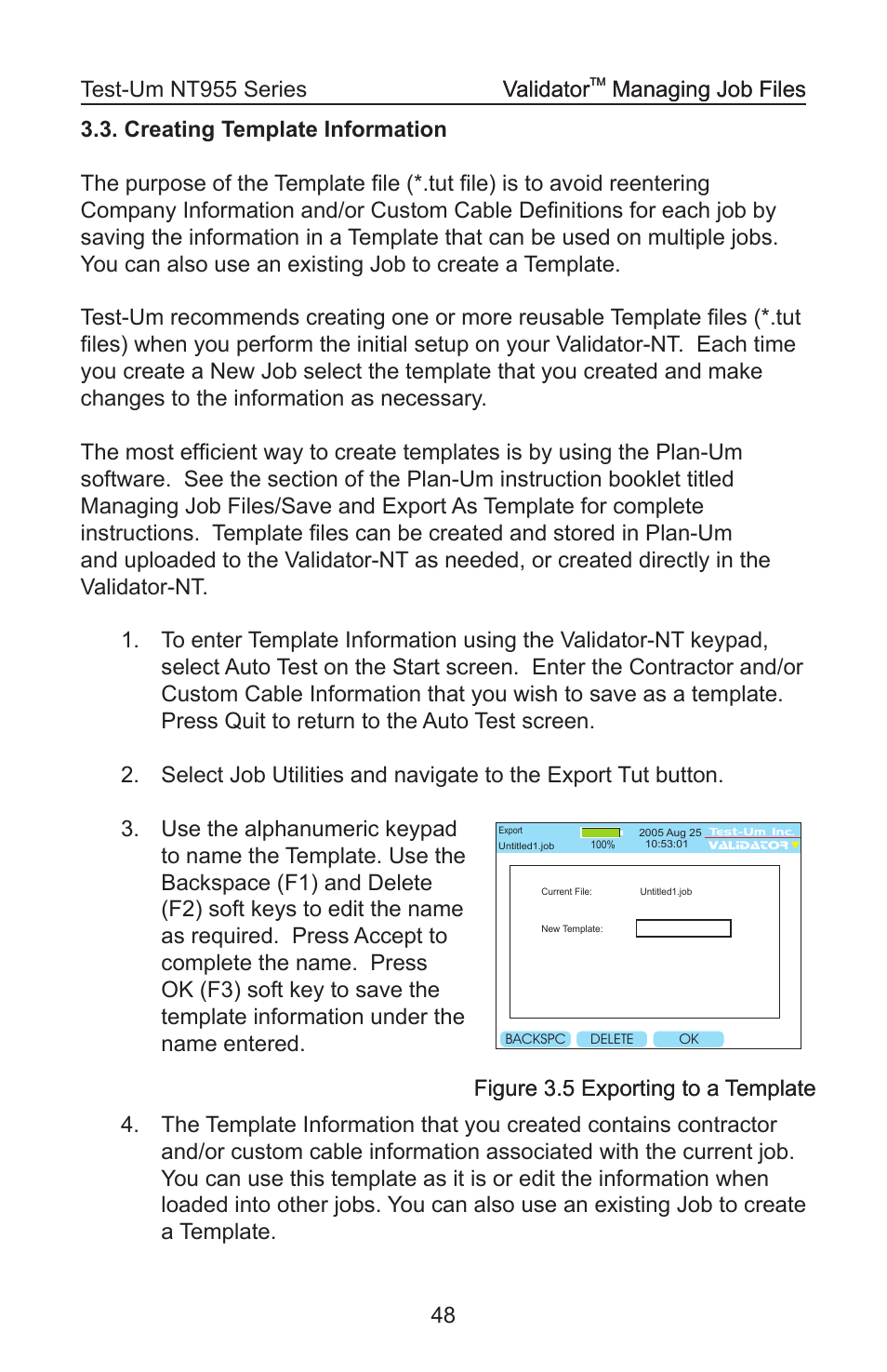 Managing job files validator, Managing job files, Figure 3.5 exporting to a template | Test-Um VALIDATOR-NT NT955 User Manual | Page 49 / 97