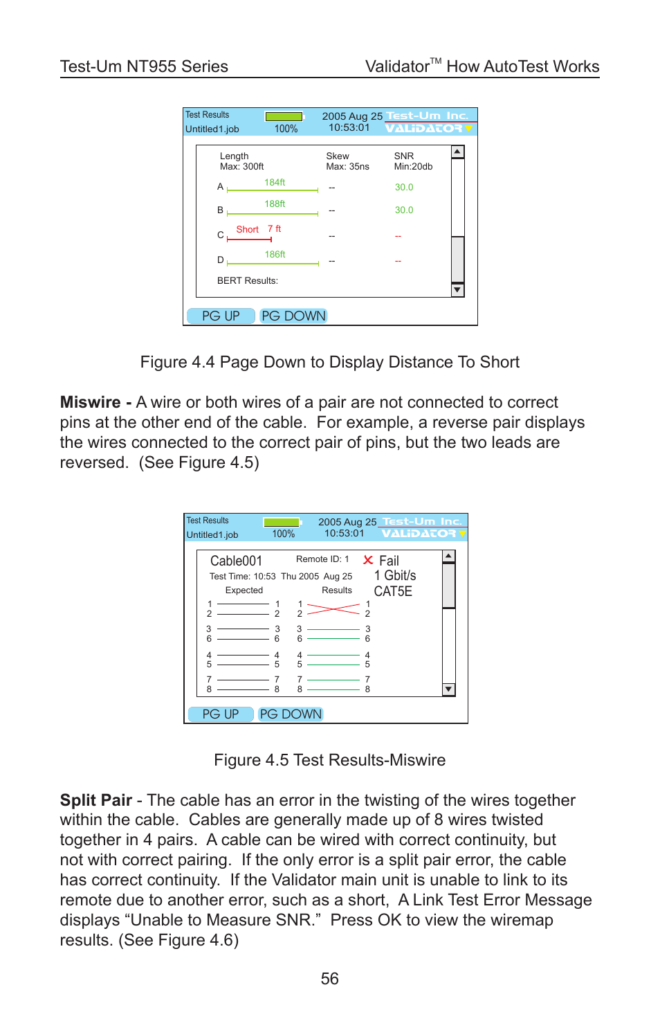 How autotest works, Cable001 fail, Cat5e 1 gbit/s | Test-Um VALIDATOR-NT NT955 User Manual | Page 57 / 97