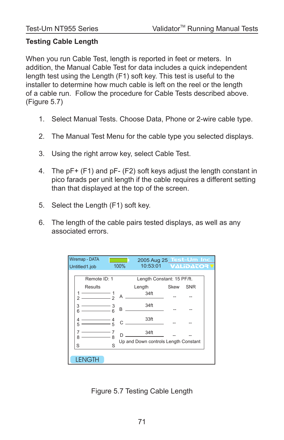 Figure 5.7 testing cable length validator, Running manual tests | Test-Um VALIDATOR-NT NT955 User Manual | Page 72 / 97