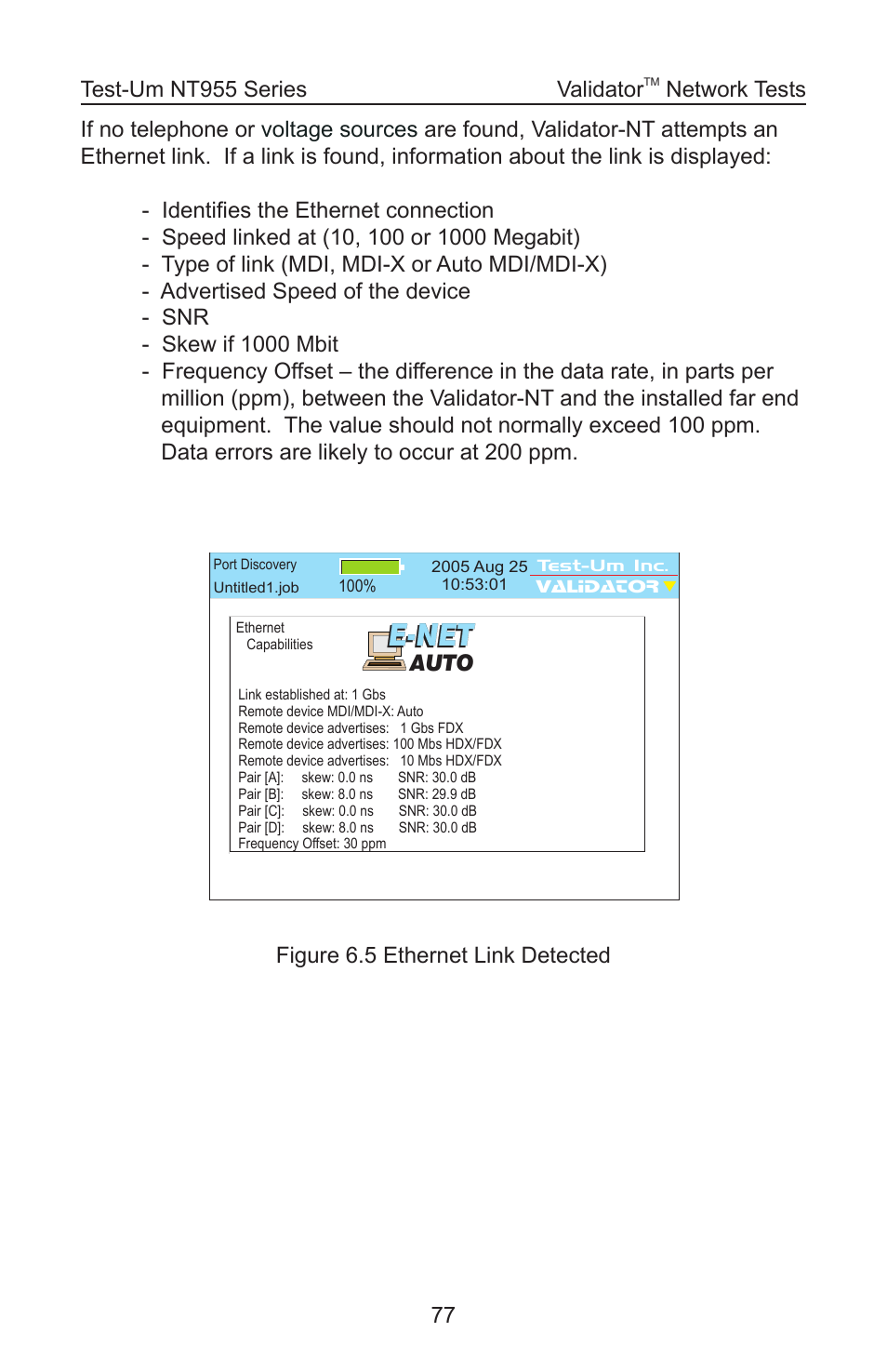 E-net, Auto, Figure 6.5 ethernet link detected validator | Network tests | Test-Um VALIDATOR-NT NT955 User Manual | Page 78 / 97