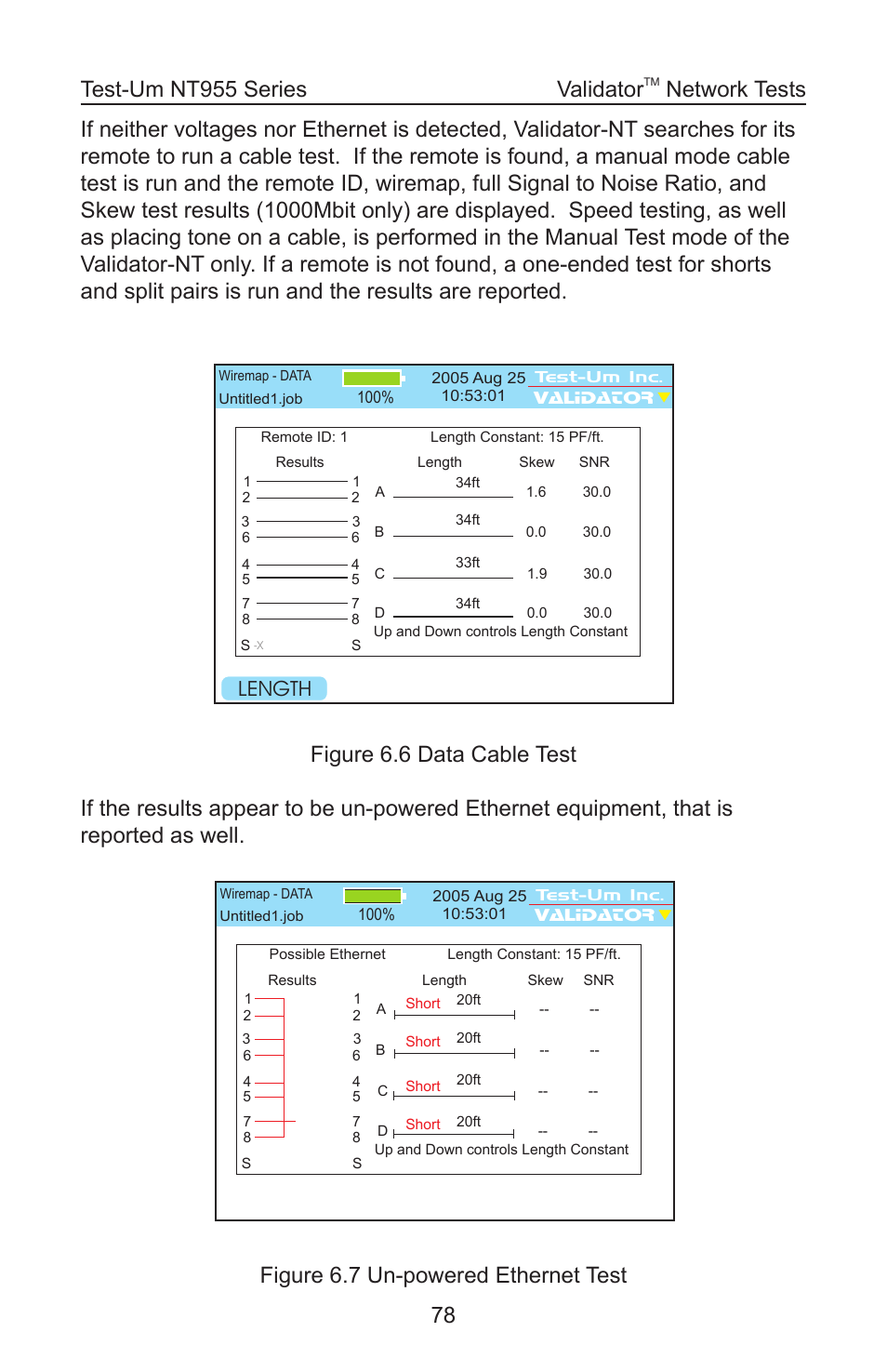 Figure 6.7 un-powered ethernet test validator, Network tests, Length | Test-Um VALIDATOR-NT NT955 User Manual | Page 79 / 97
