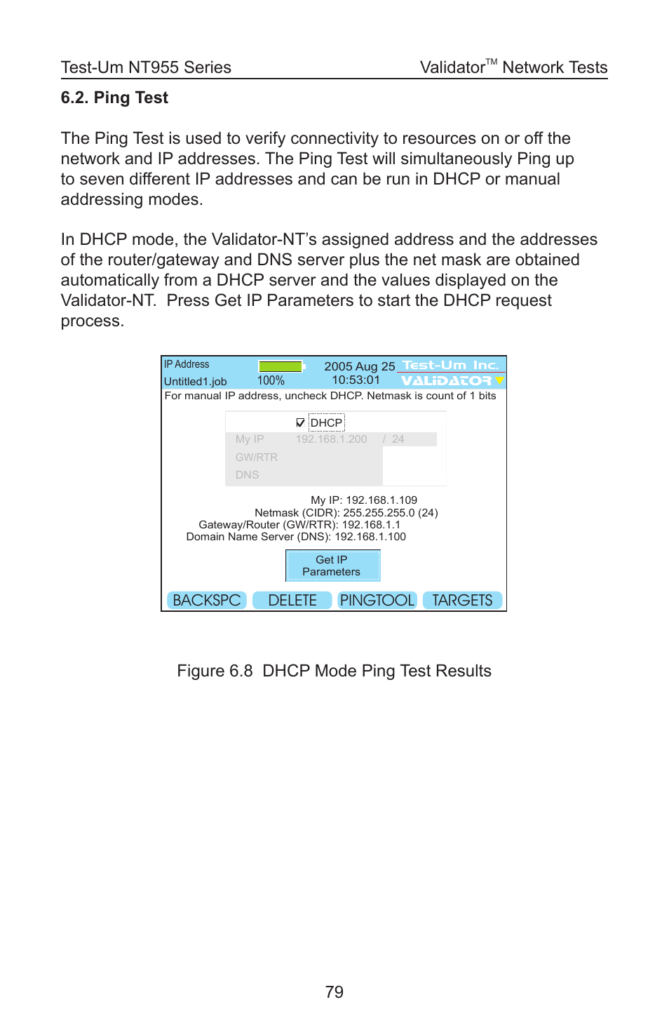Figure 6.8 dhcp mode ping test results validator, Network tests | Test-Um VALIDATOR-NT NT955 User Manual | Page 80 / 97