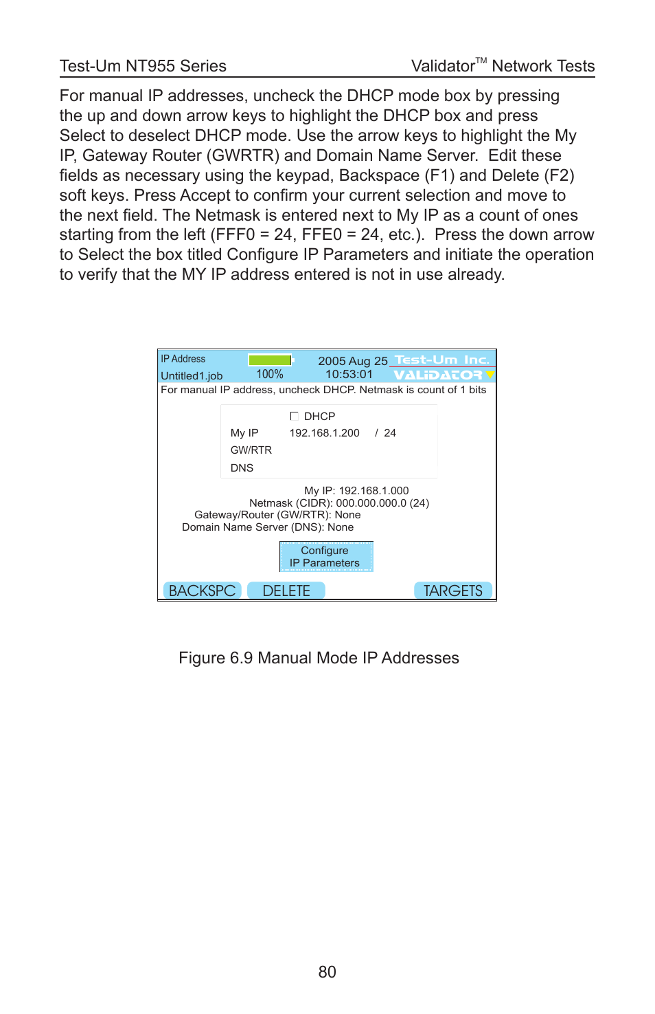 Figure 6.9 manual mode ip addresses validator, Network tests | Test-Um VALIDATOR-NT NT955 User Manual | Page 81 / 97
