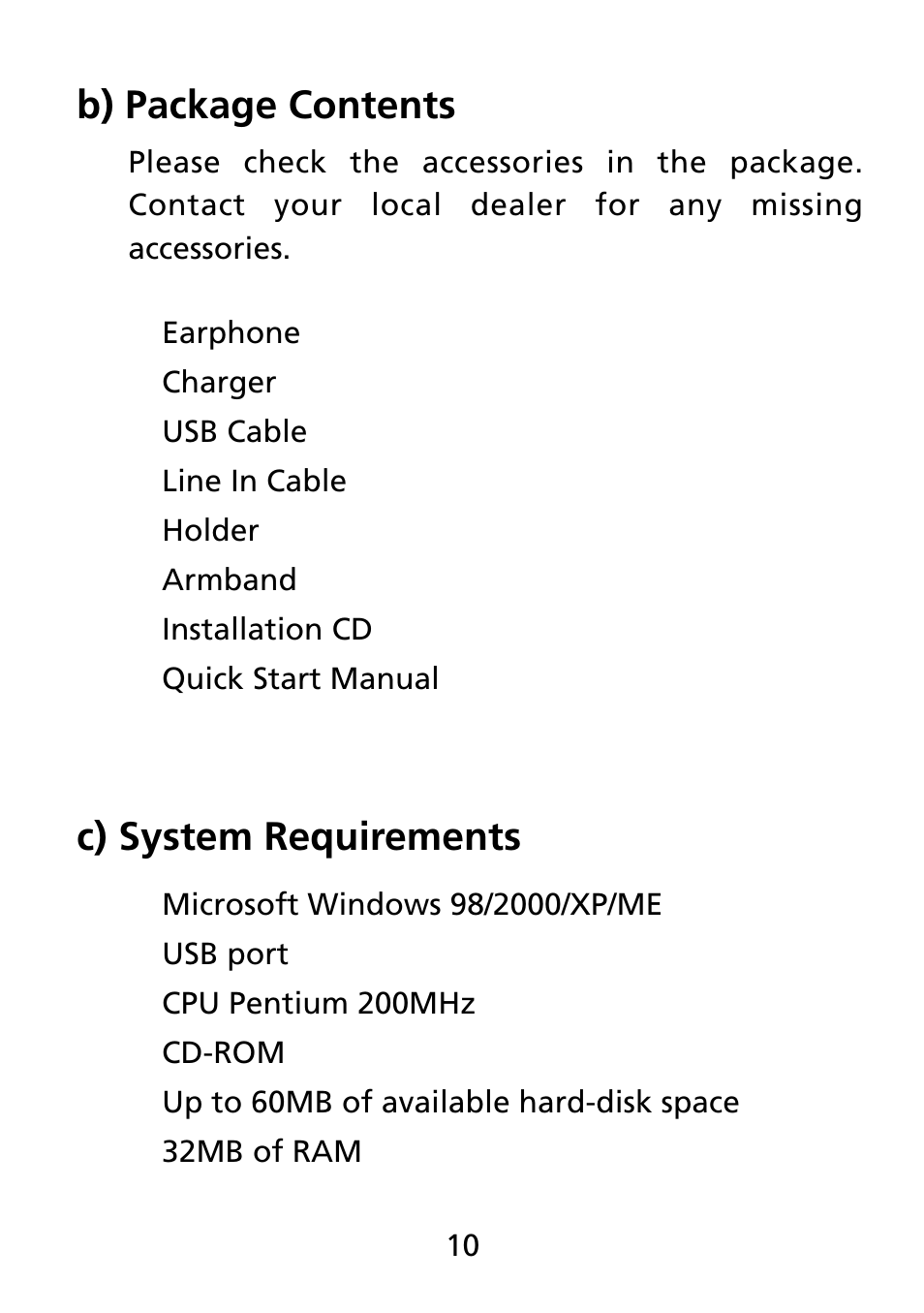 B) package contents, C) system requirements | Truly electronic Mftg MP313X User Manual | Page 10 / 63