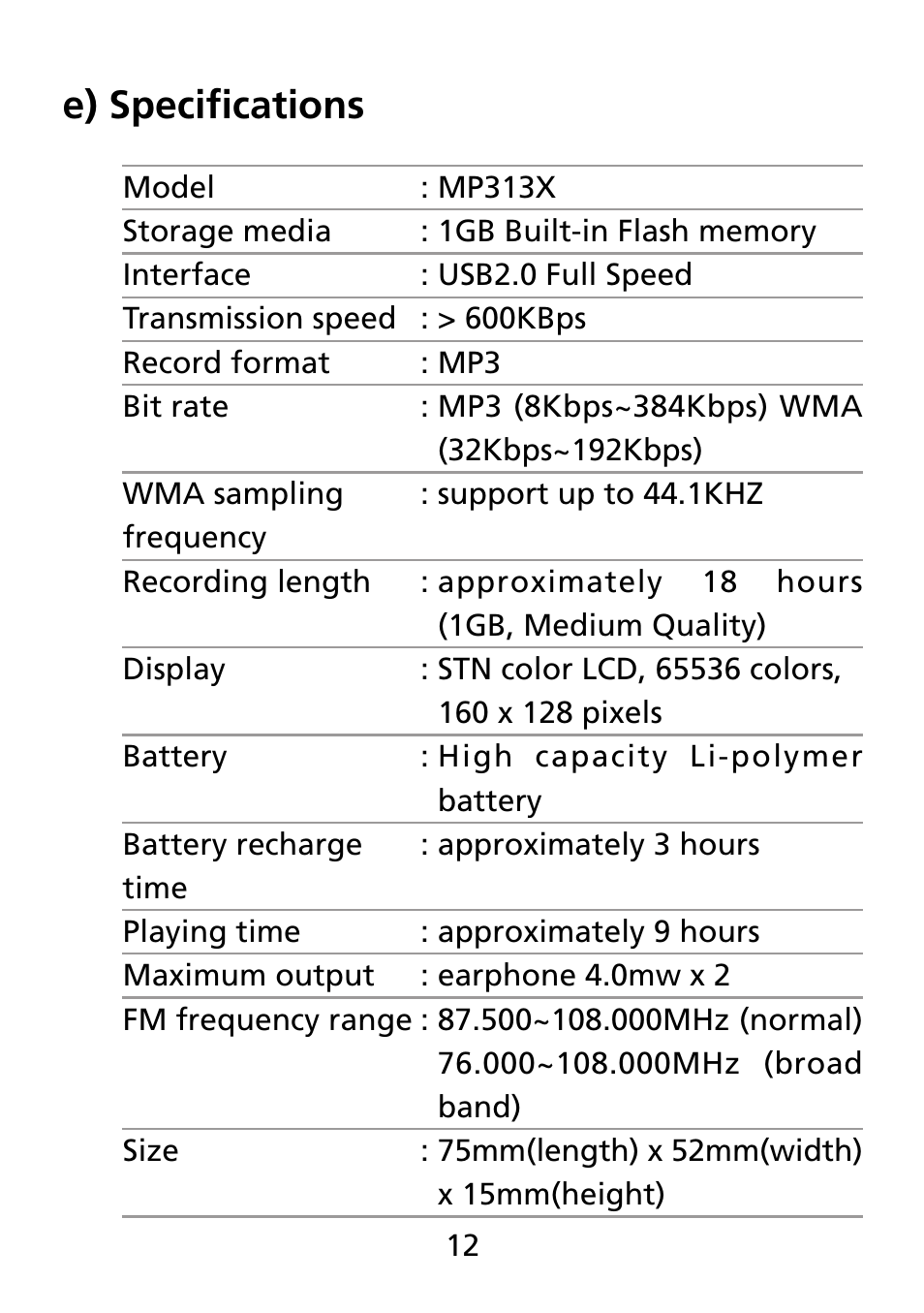 E) specifications | Truly electronic Mftg MP313X User Manual | Page 12 / 63
