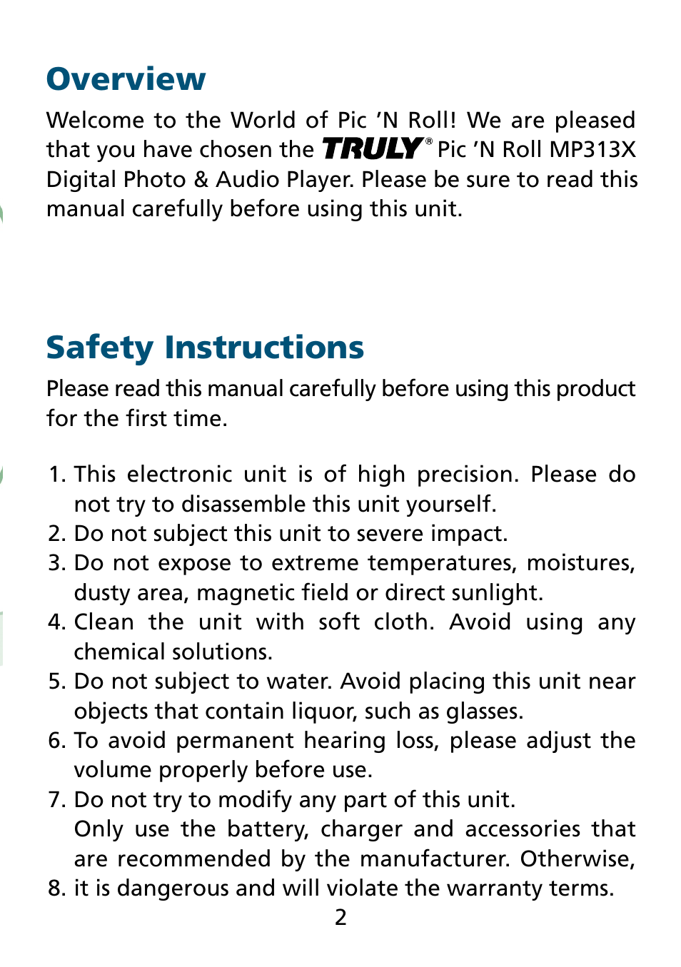 Overview, Safety instructions | Truly electronic Mftg MP313X User Manual | Page 2 / 63