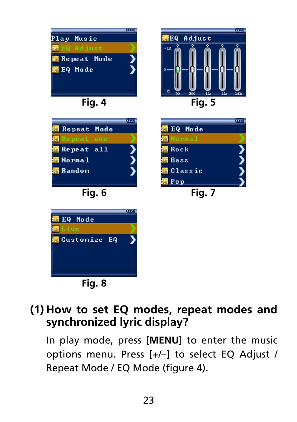 1) how to set eq modes, repeat modes | Truly electronic Mftg MP313X User Manual | Page 23 / 63