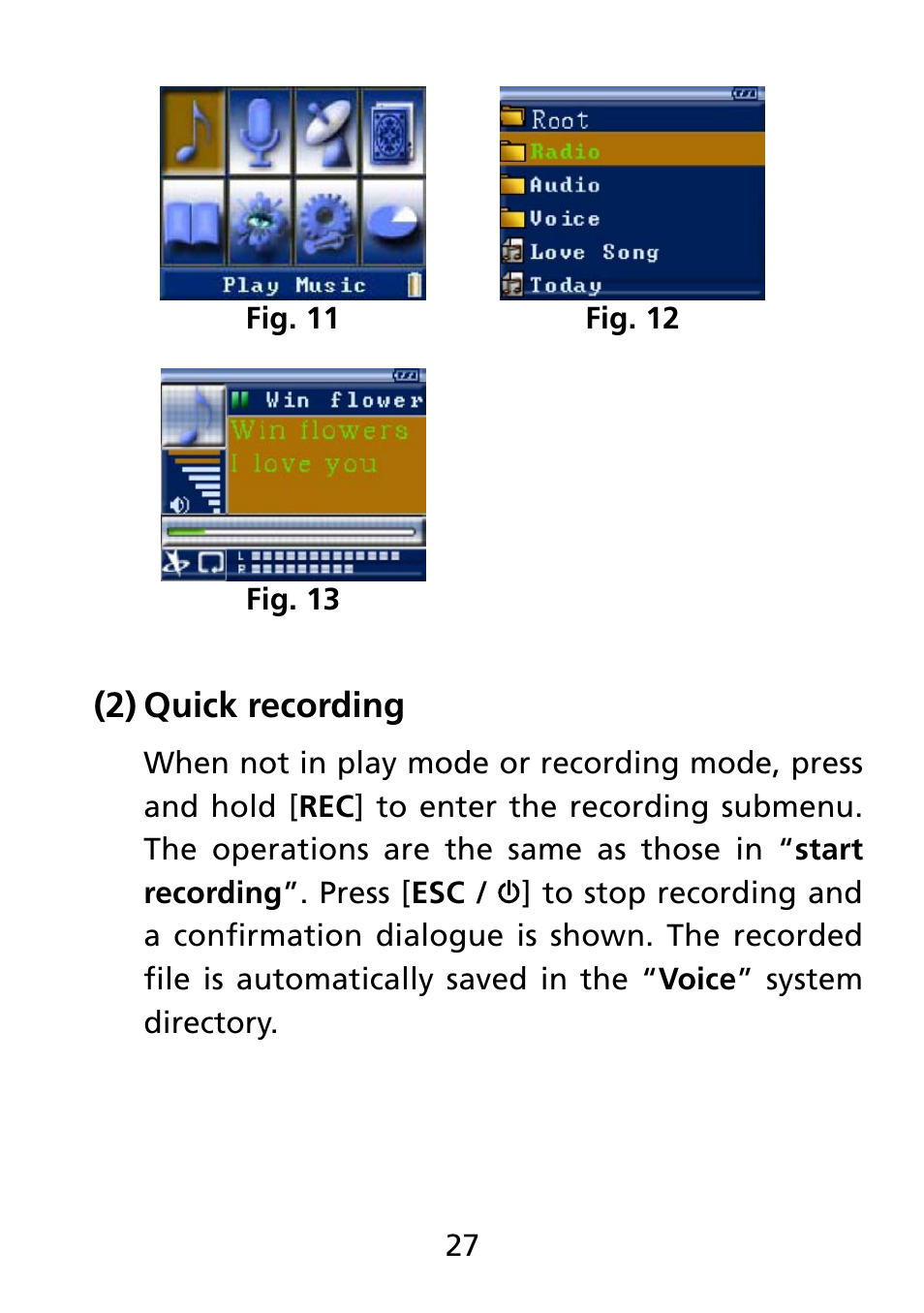 2) quick recording, Quick recording (2) | Truly electronic Mftg MP313X User Manual | Page 27 / 63