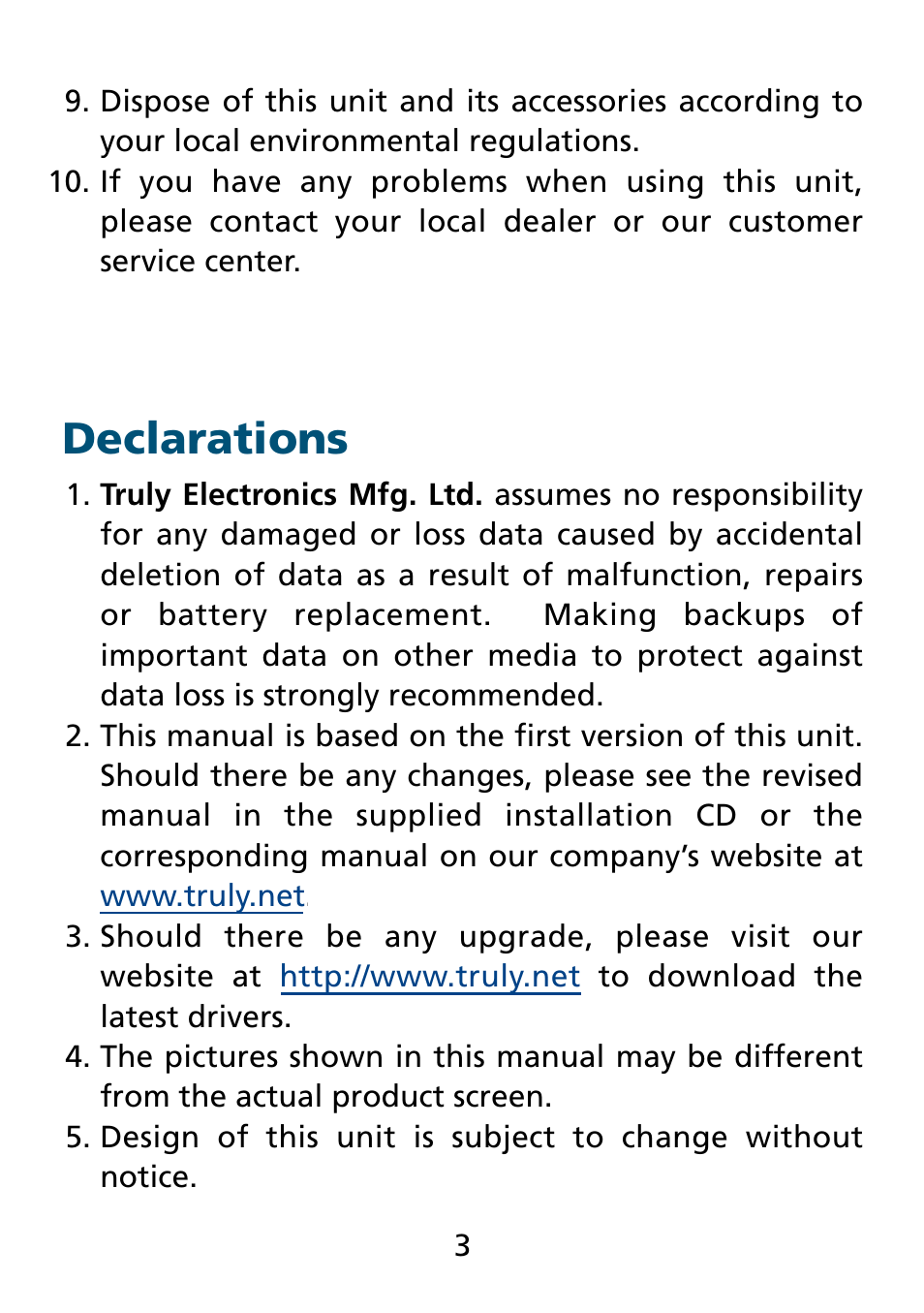 Declarations | Truly electronic Mftg MP313X User Manual | Page 3 / 63