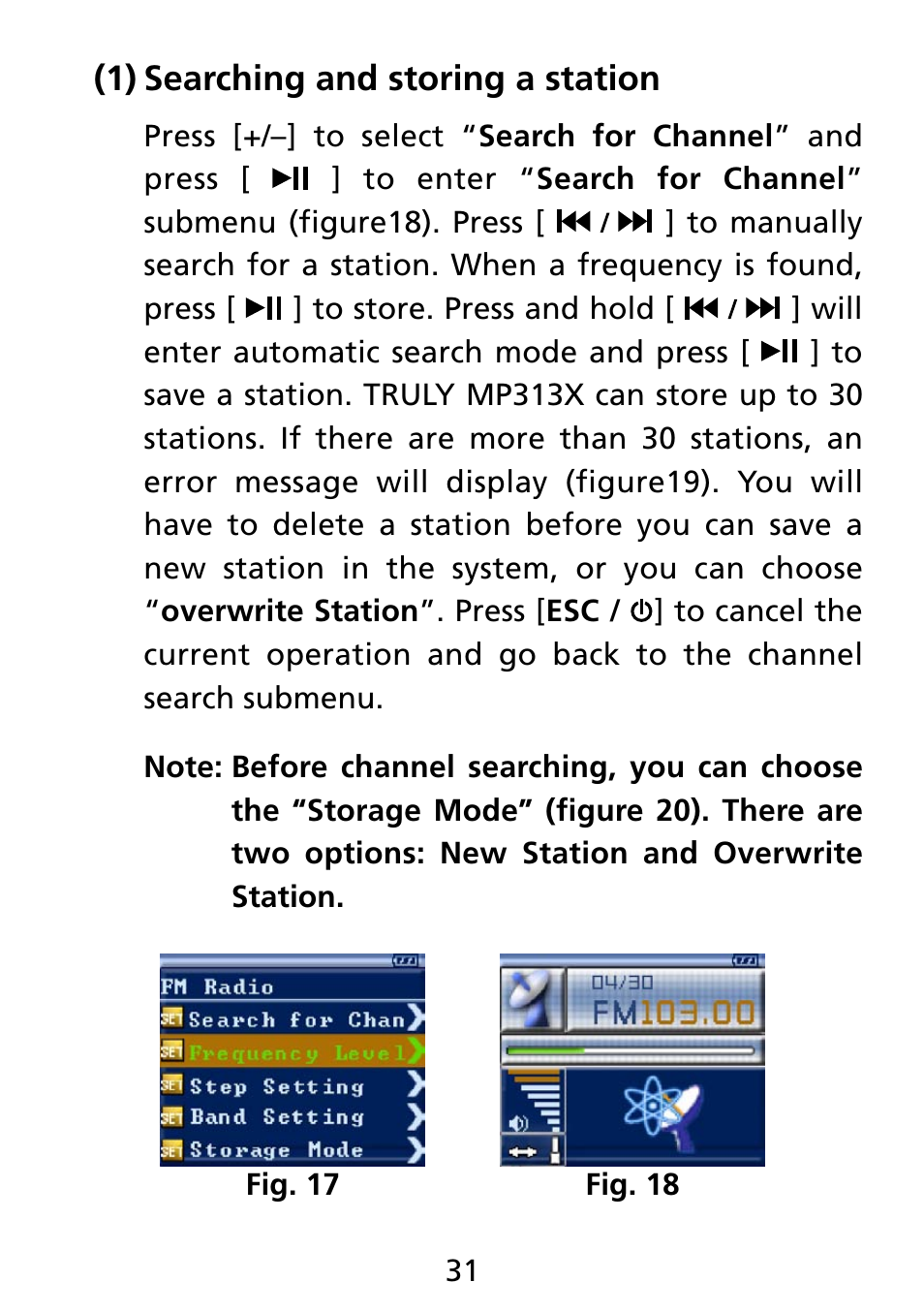 1) searching and storing a station, Searching and storing a station (1) | Truly electronic Mftg MP313X User Manual | Page 31 / 63