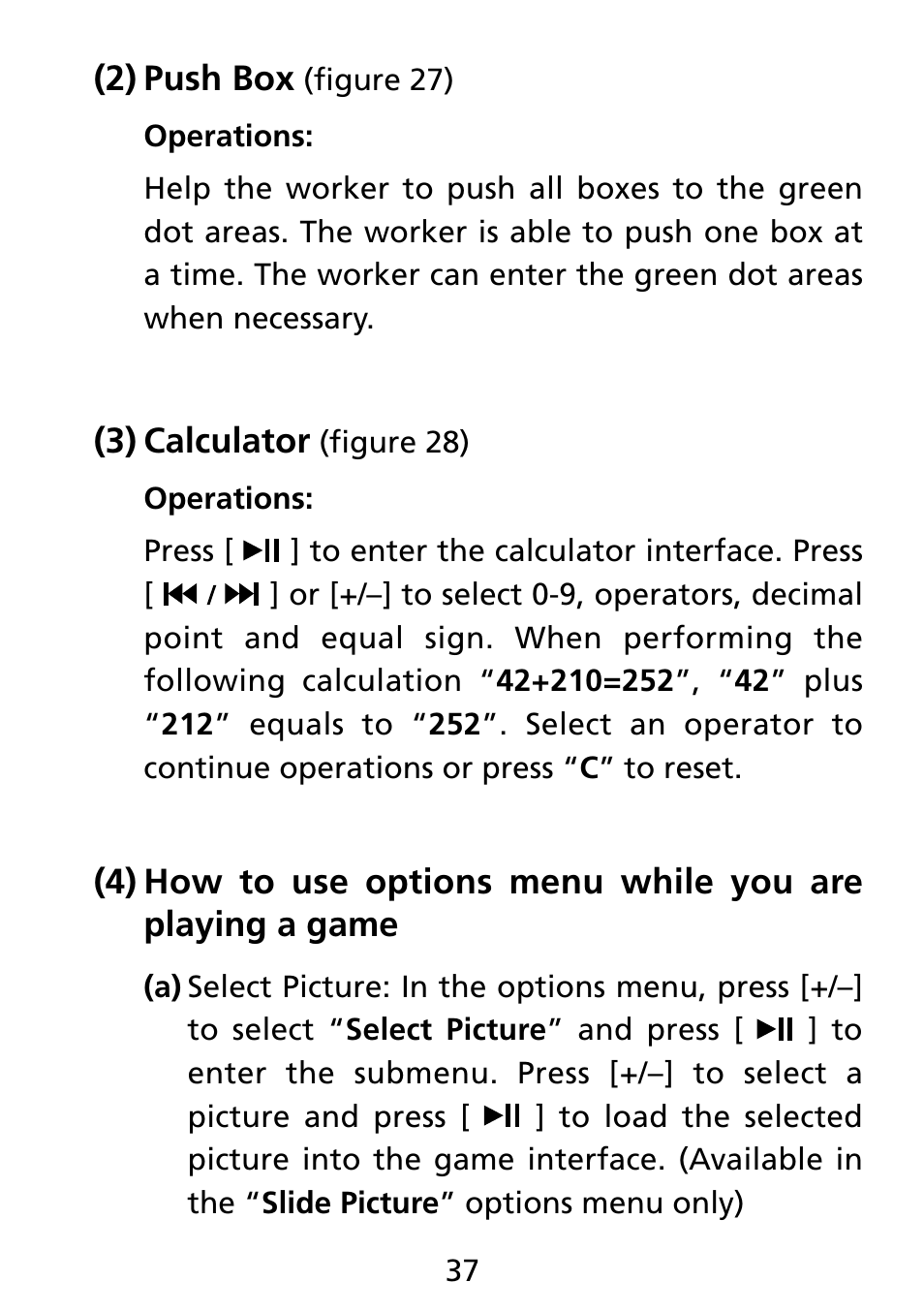 2) push box, 3) calculator, 4) how to use options menu while you are | Push box, Calculator | Truly electronic Mftg MP313X User Manual | Page 37 / 63