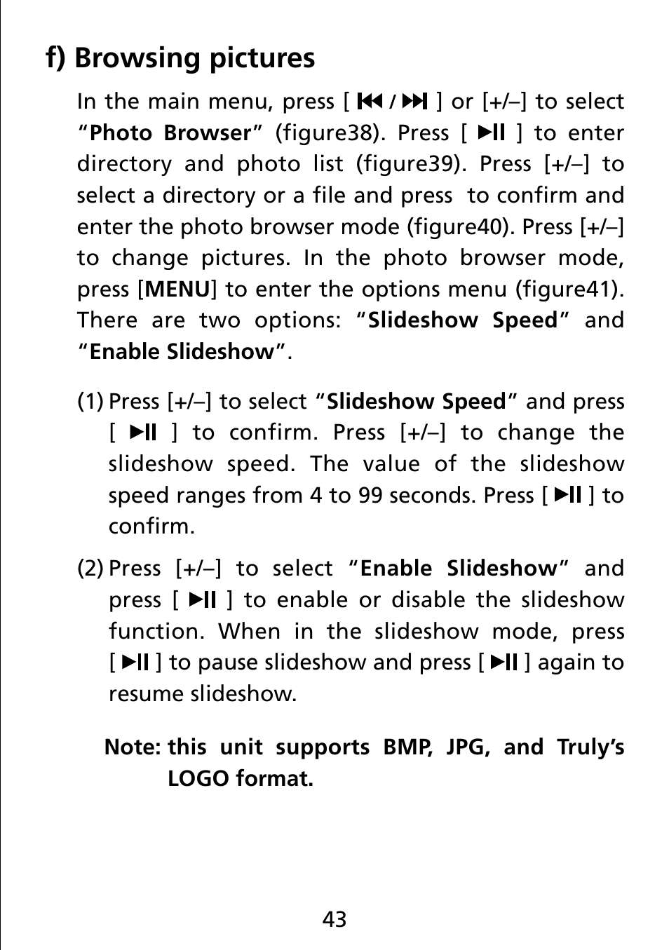 F) browse pictures, F) browsing pictures | Truly electronic Mftg MP313X User Manual | Page 43 / 63