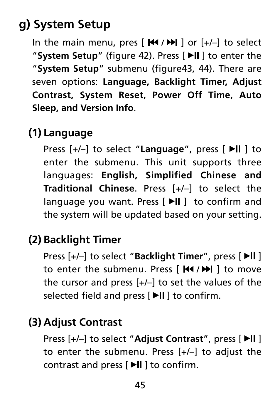 G) system setup, 1) language, 2) backlight timer | 3) adjust contrast, Language (1), Backlight timer (2), Adjust contrast (3) | Truly electronic Mftg MP313X User Manual | Page 45 / 63