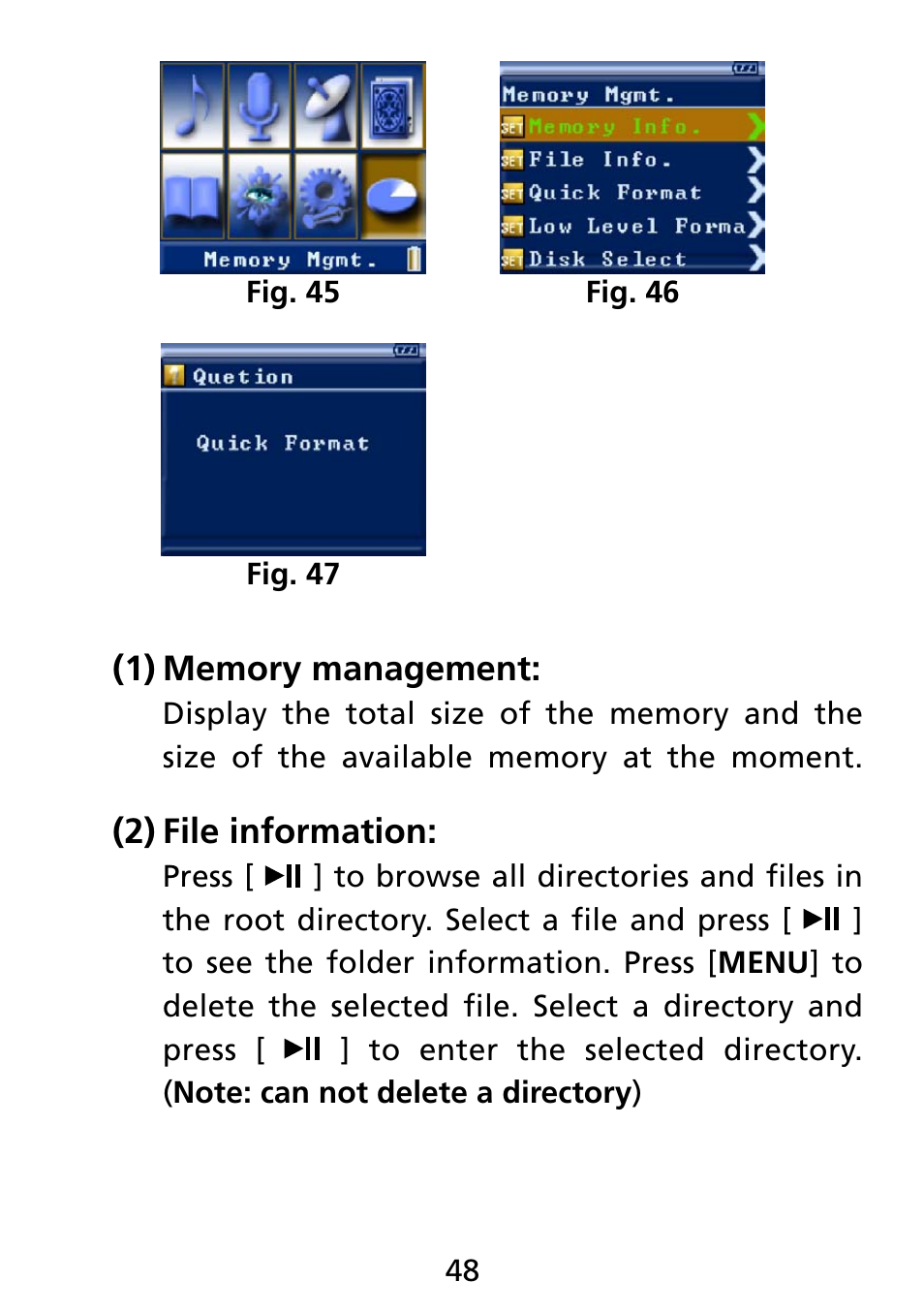 1) memory management, 2) file information, File information: (2) | Truly electronic Mftg MP313X User Manual | Page 48 / 63