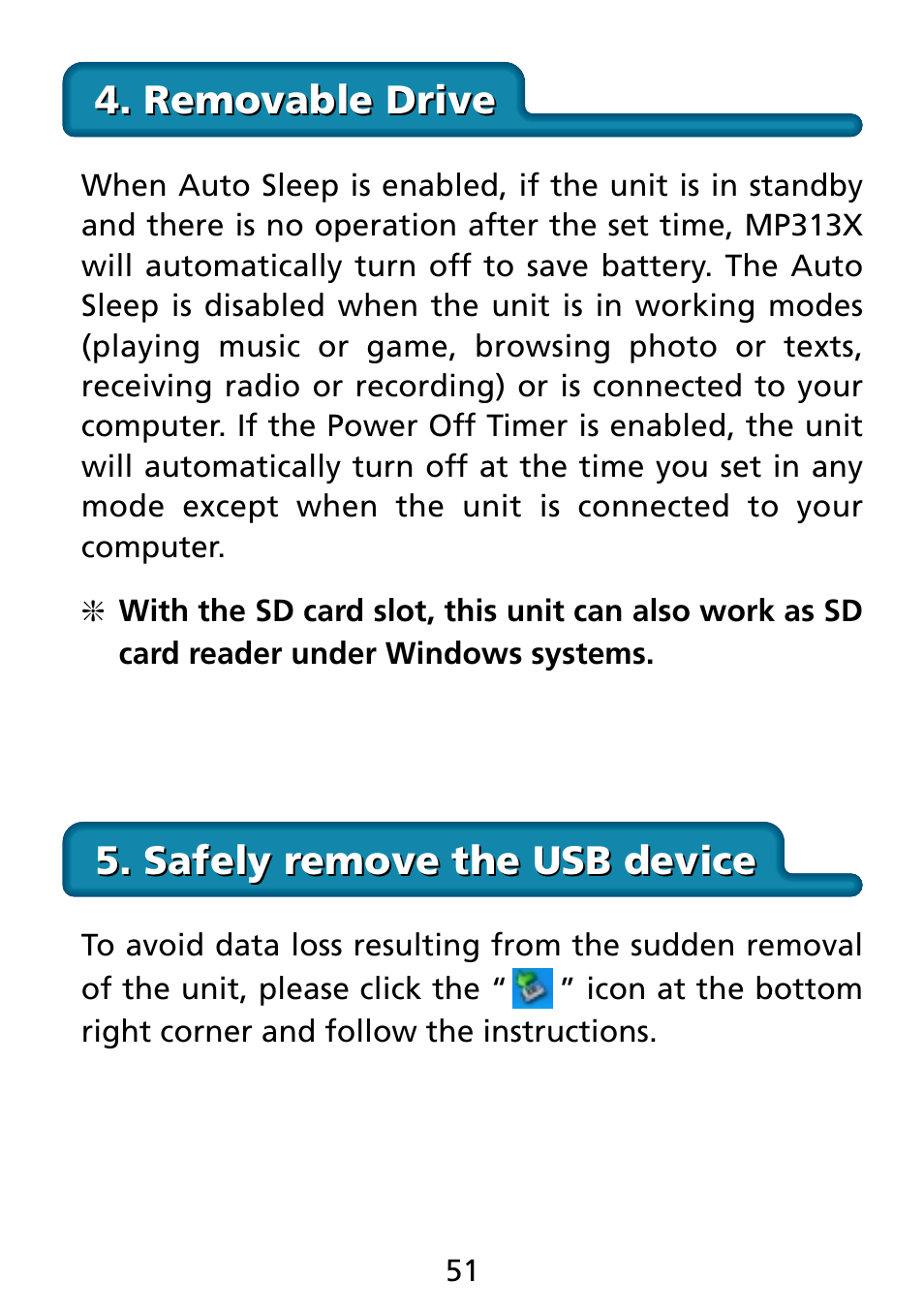 Removable drive, Safely removing usb device, Safely remove the usb device | Truly electronic Mftg MP313X User Manual | Page 51 / 63
