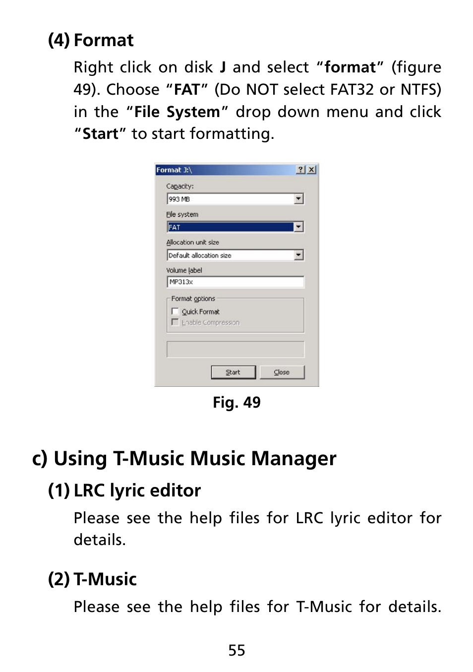 C) using t-music music manager | Truly electronic Mftg MP313X User Manual | Page 55 / 63