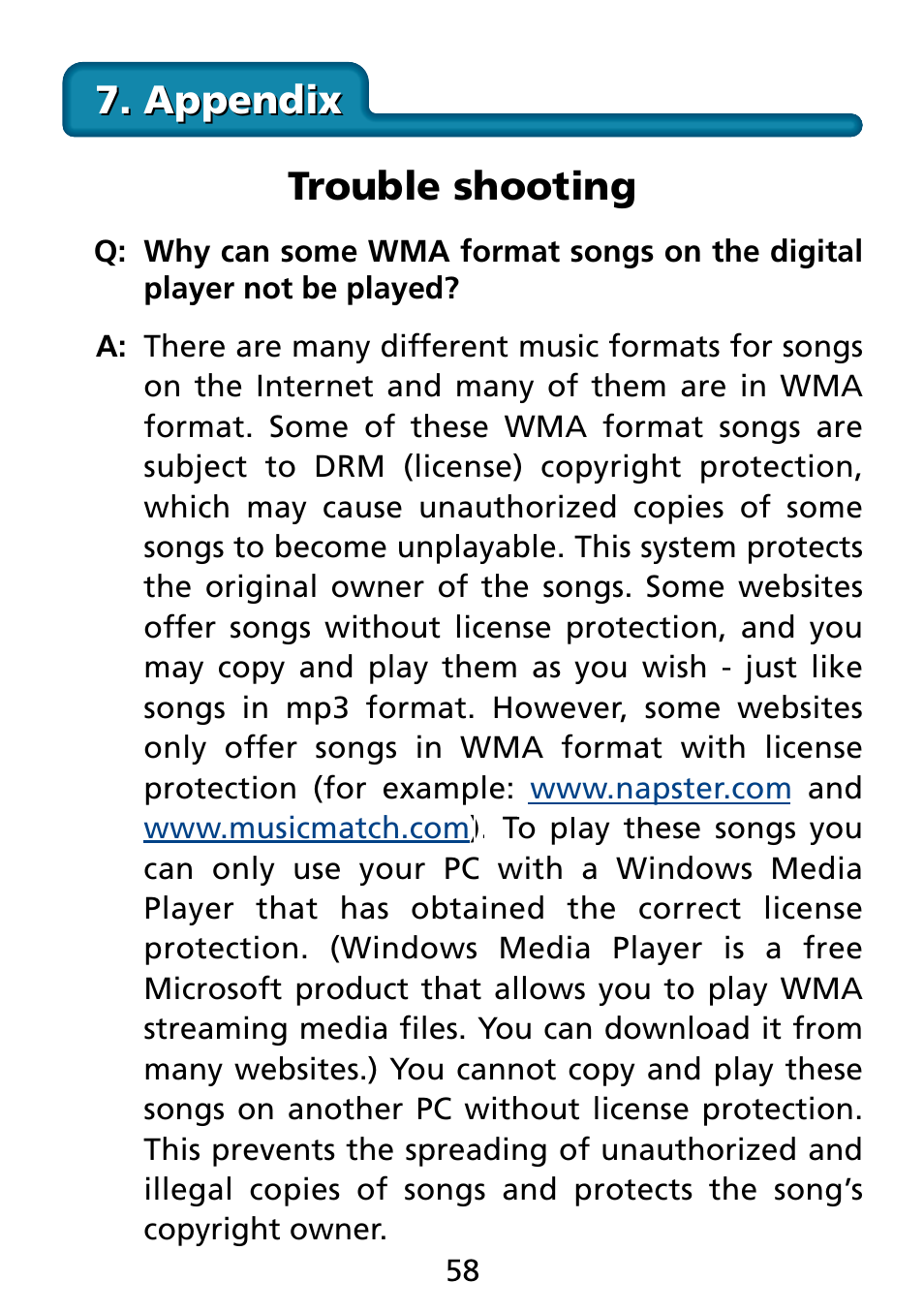 Appendix, Trouble shooting, Appendix trouble shooting | Truly electronic Mftg MP313X User Manual | Page 58 / 63