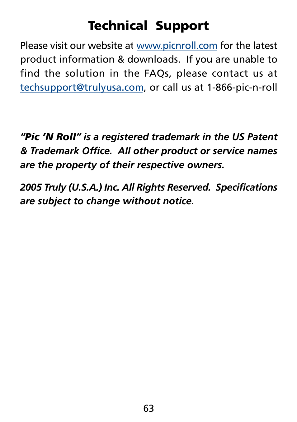 Technical support | Truly electronic Mftg MP313X User Manual | Page 63 / 63