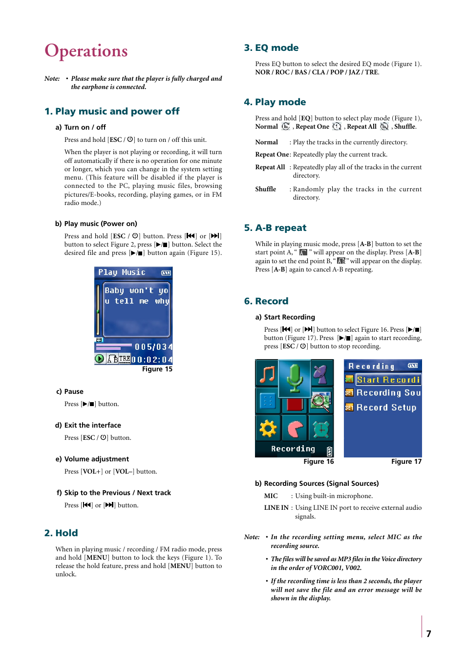 Operations, Play music and power off, Hold | Eq mode, Play mode, A-b repeat, Record | Truly electronic Mftg MP310 User Manual | Page 10 / 15