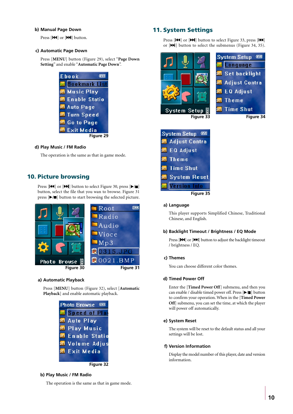 Picture browsing, System settings, Picture browsing 10 | System settings 11 | Truly electronic Mftg MP310 User Manual | Page 13 / 15