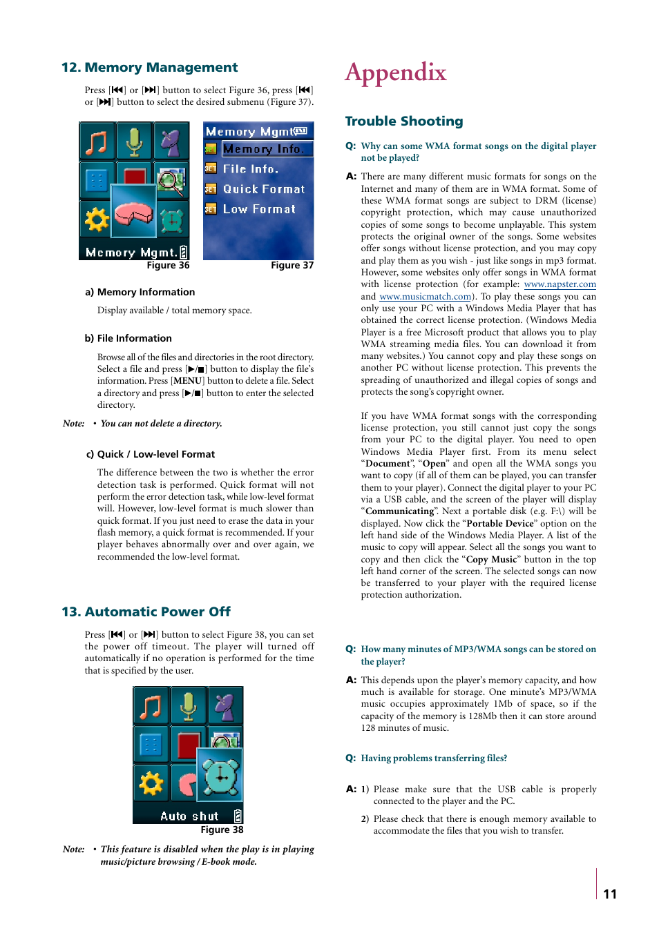 Memory management, Automatic power off, Appendix | Trouble shooting, Automatic power off 13 | Truly electronic Mftg MP310 User Manual | Page 14 / 15