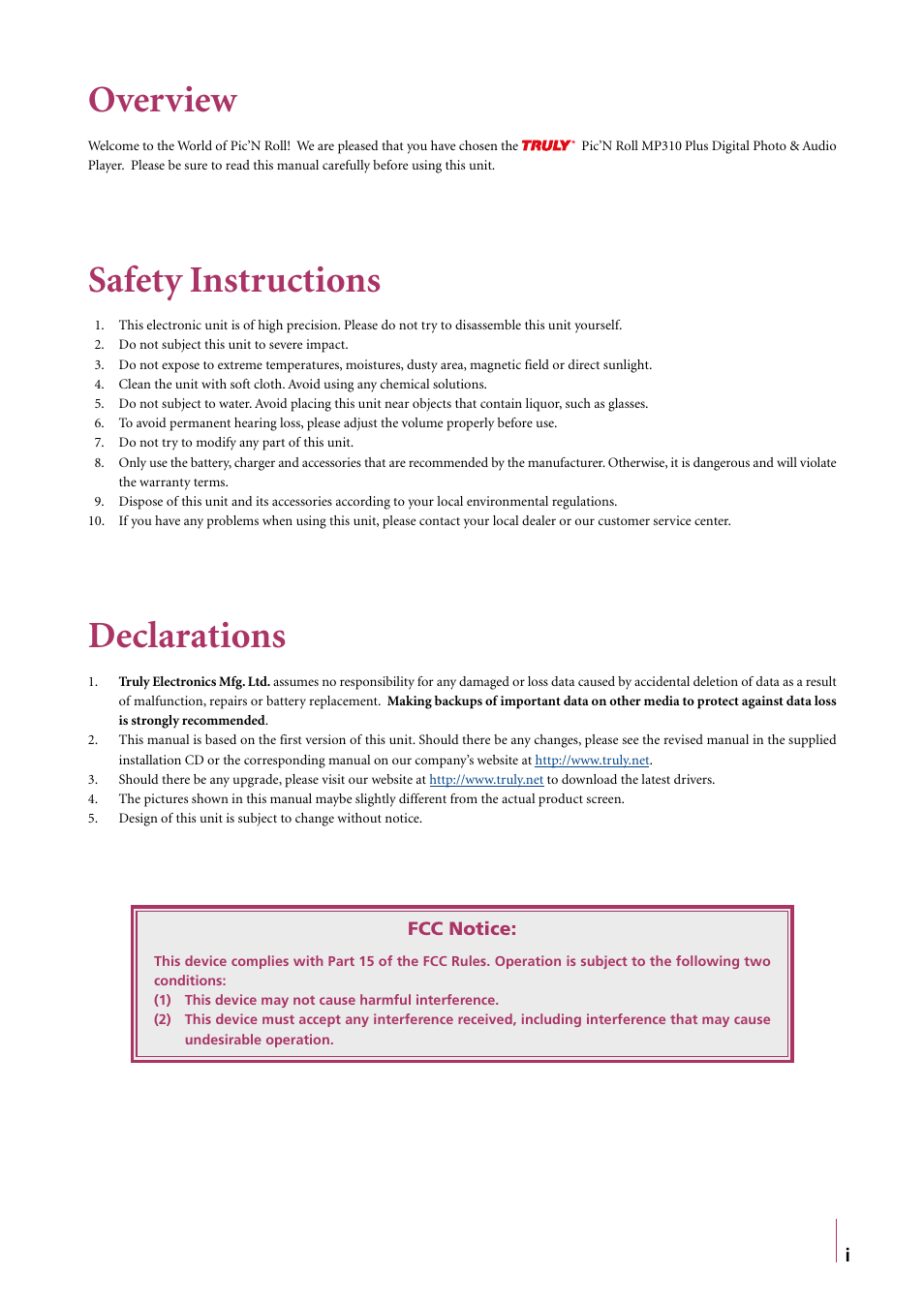 Overview, Safety instructions, Declarations | Truly electronic Mftg MP310 User Manual | Page 2 / 15